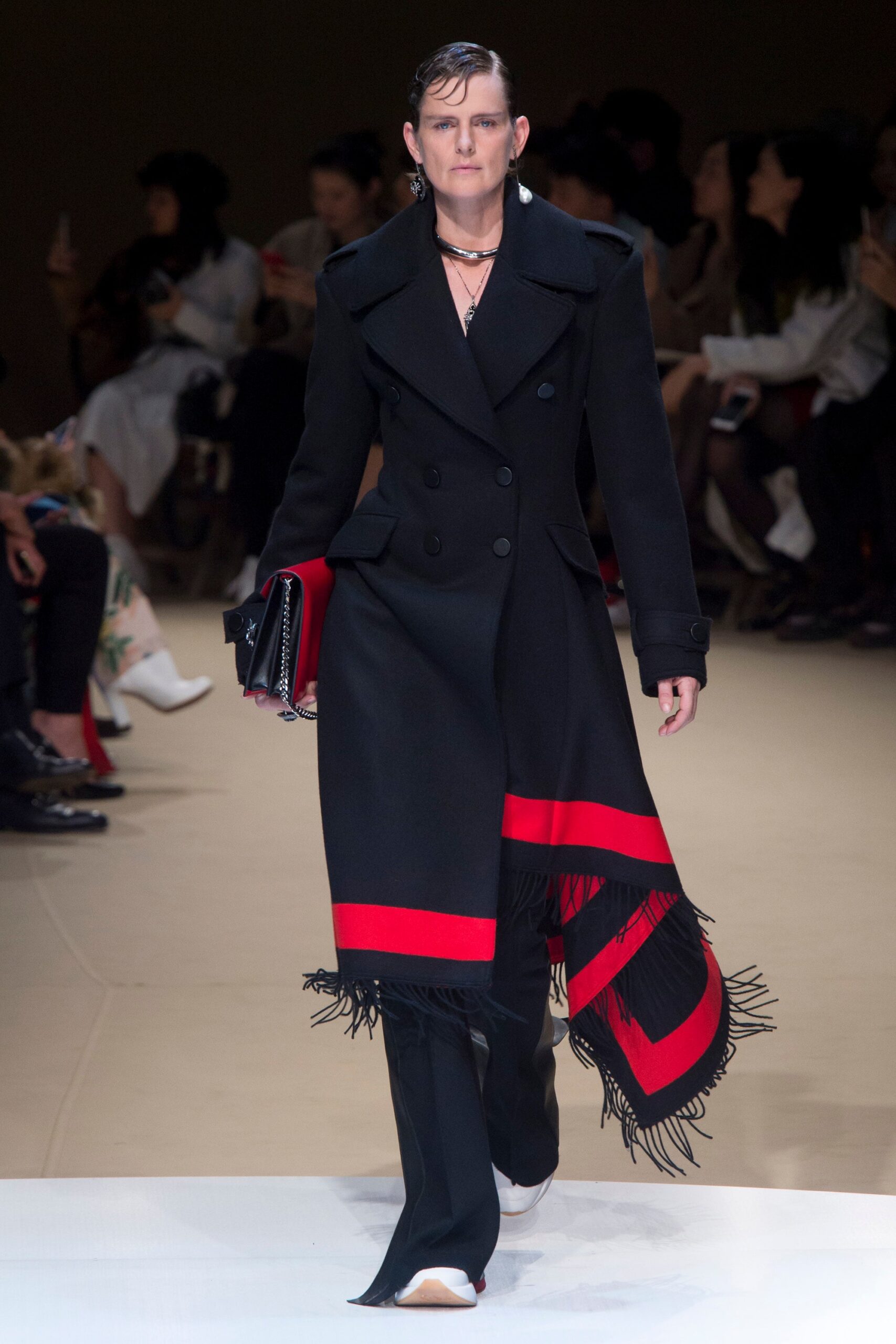 black wool long-sleeve collared fitted fringed layered coat