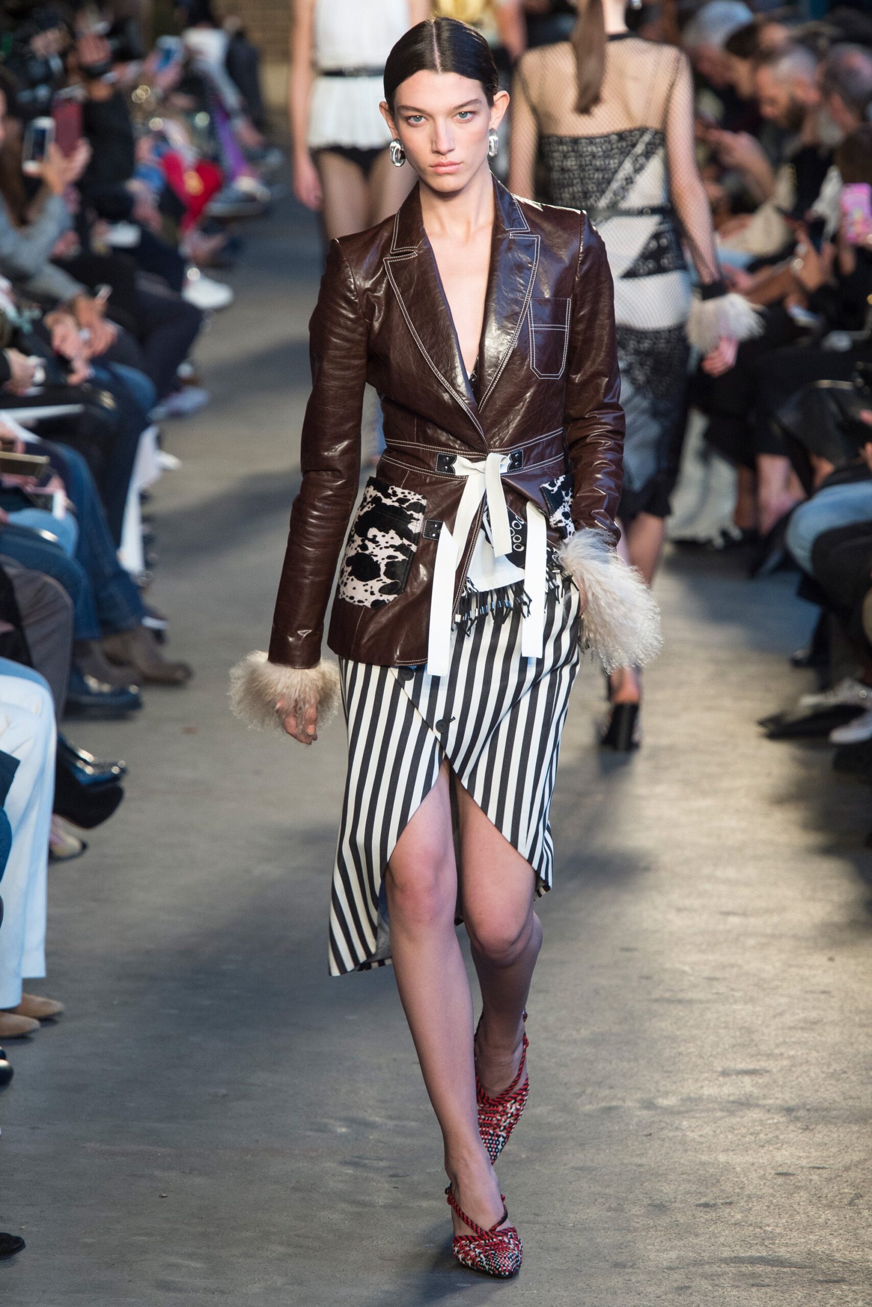 brown leather long-sleeve v-neck fitted striped embroidered dress