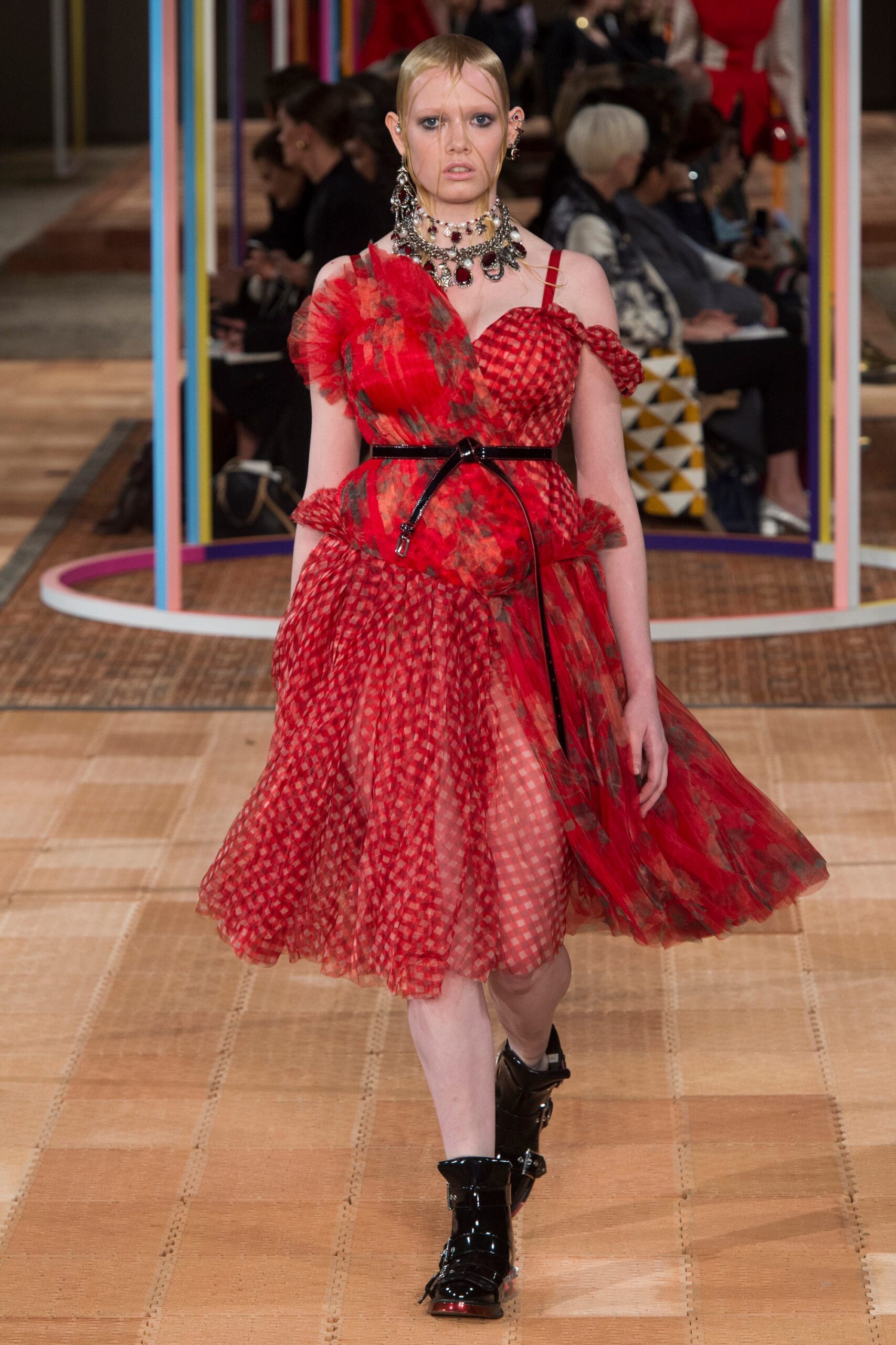 red pleated midi dress
