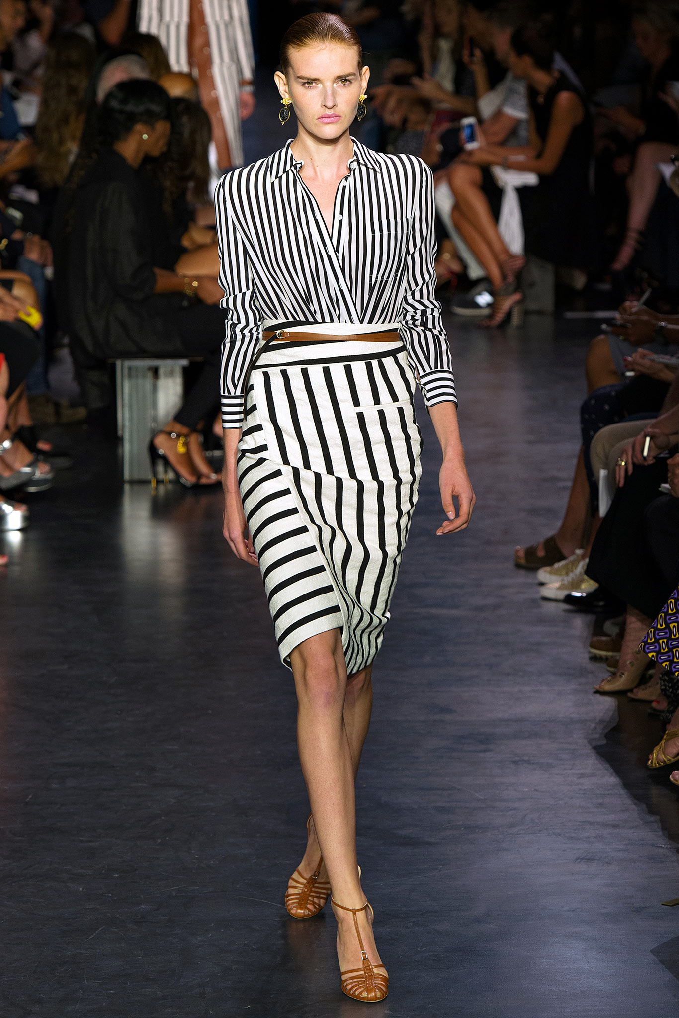 fitted striped shirt and pencil skirt