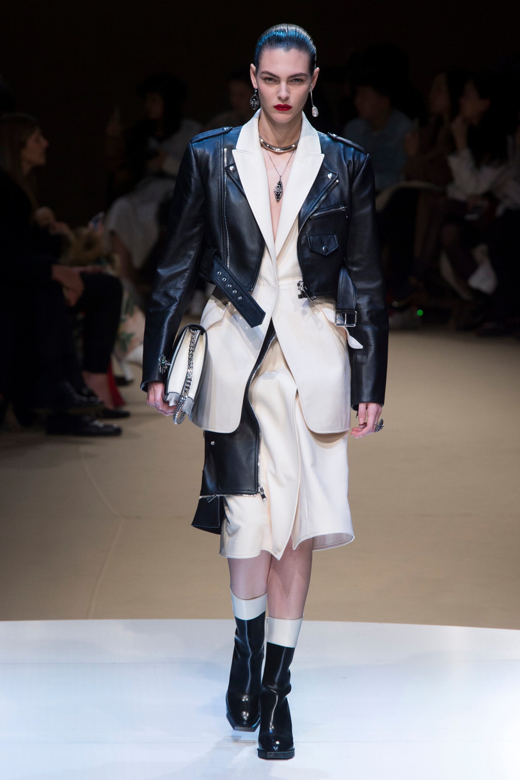 black and white fitted jacket with midi dress