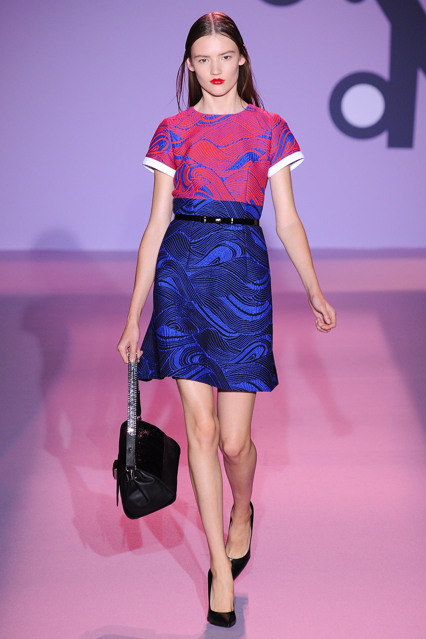 red and blue printed top with flared skirt