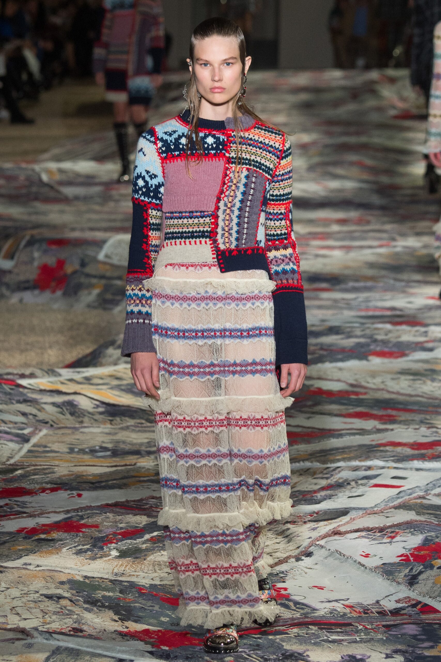 multi-colored embroidered top with lace skirt