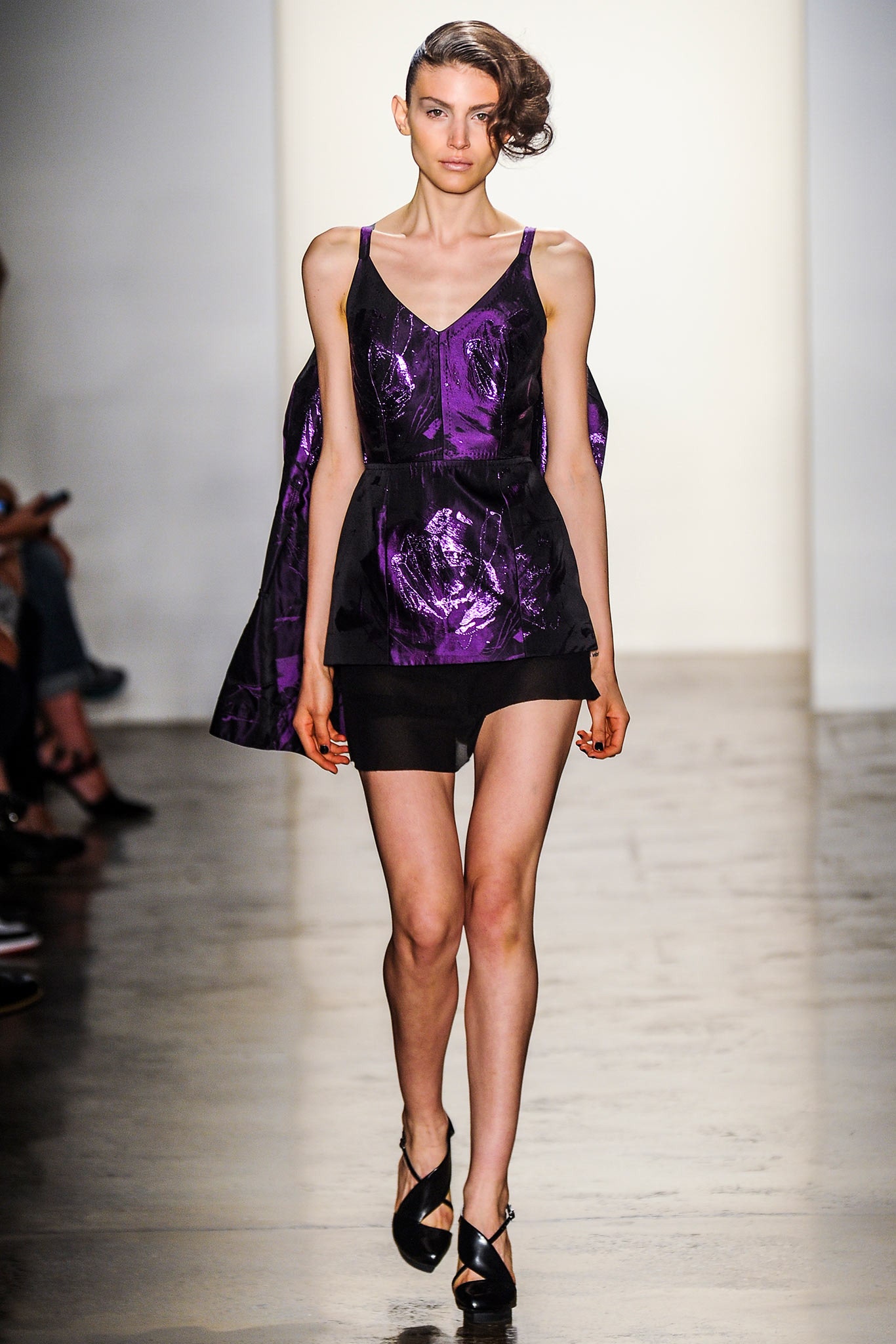 purple silk mini dress with black cape