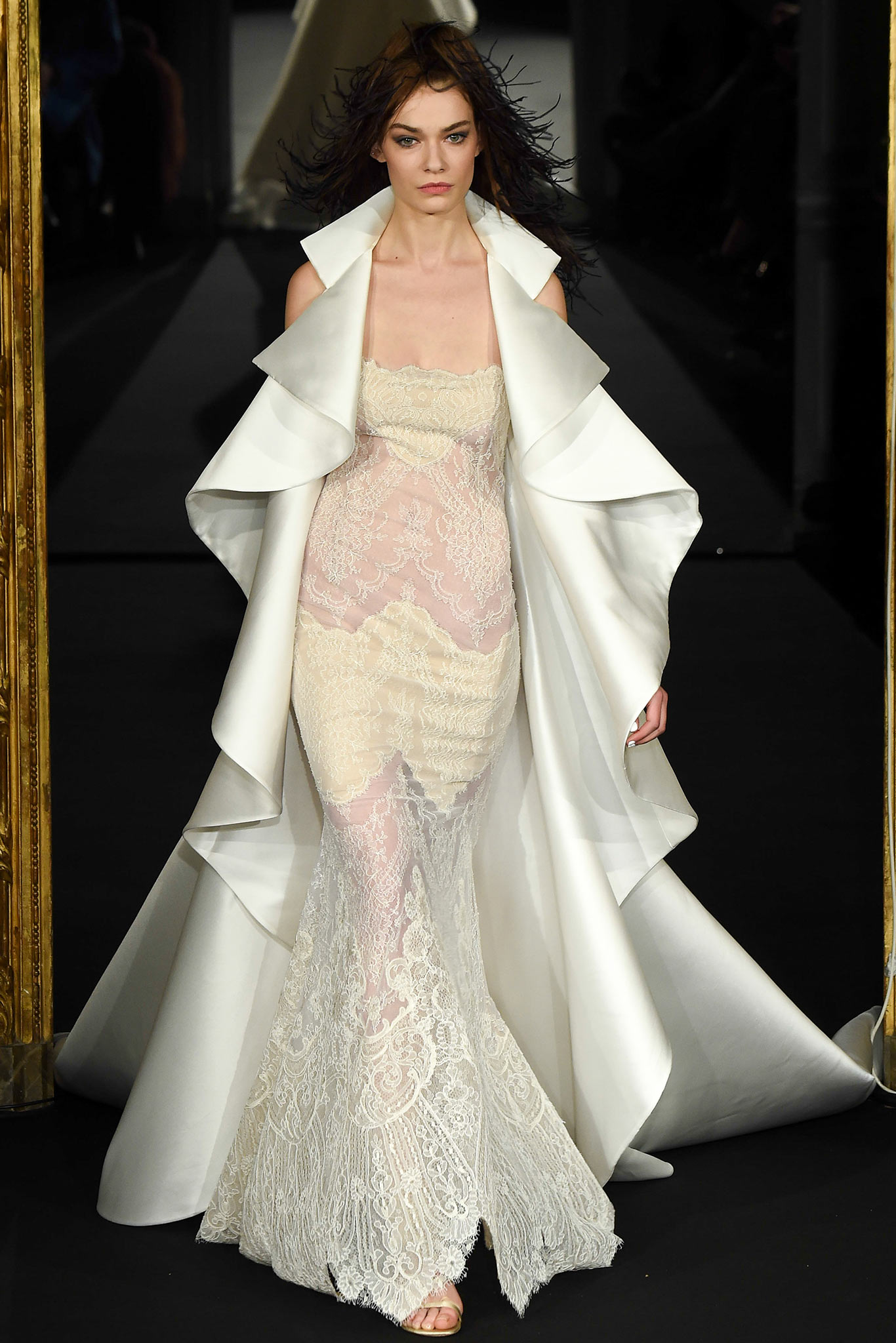 white silk long-sleeve oversized draped flowing cape