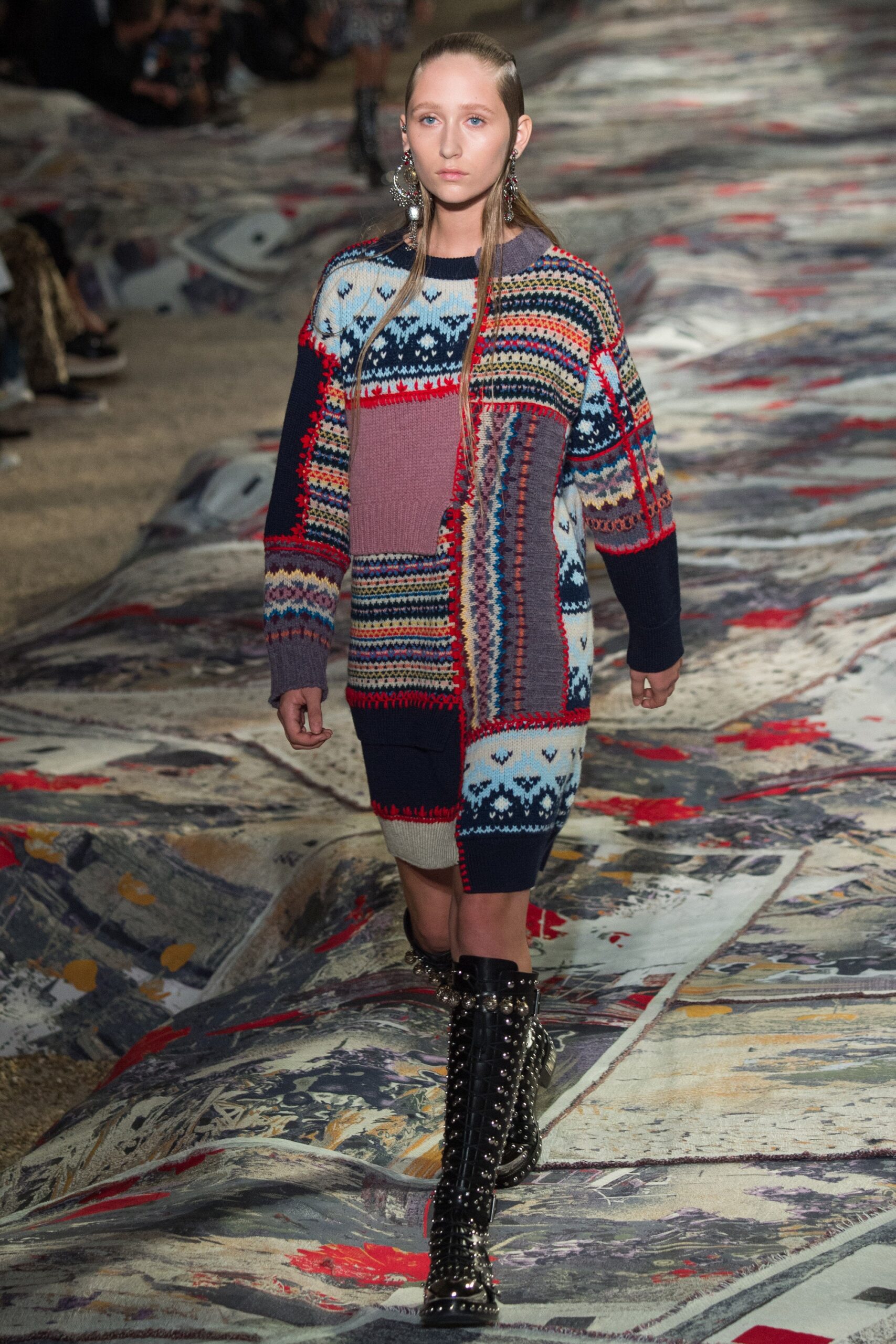multi-colored knitted dress with boots