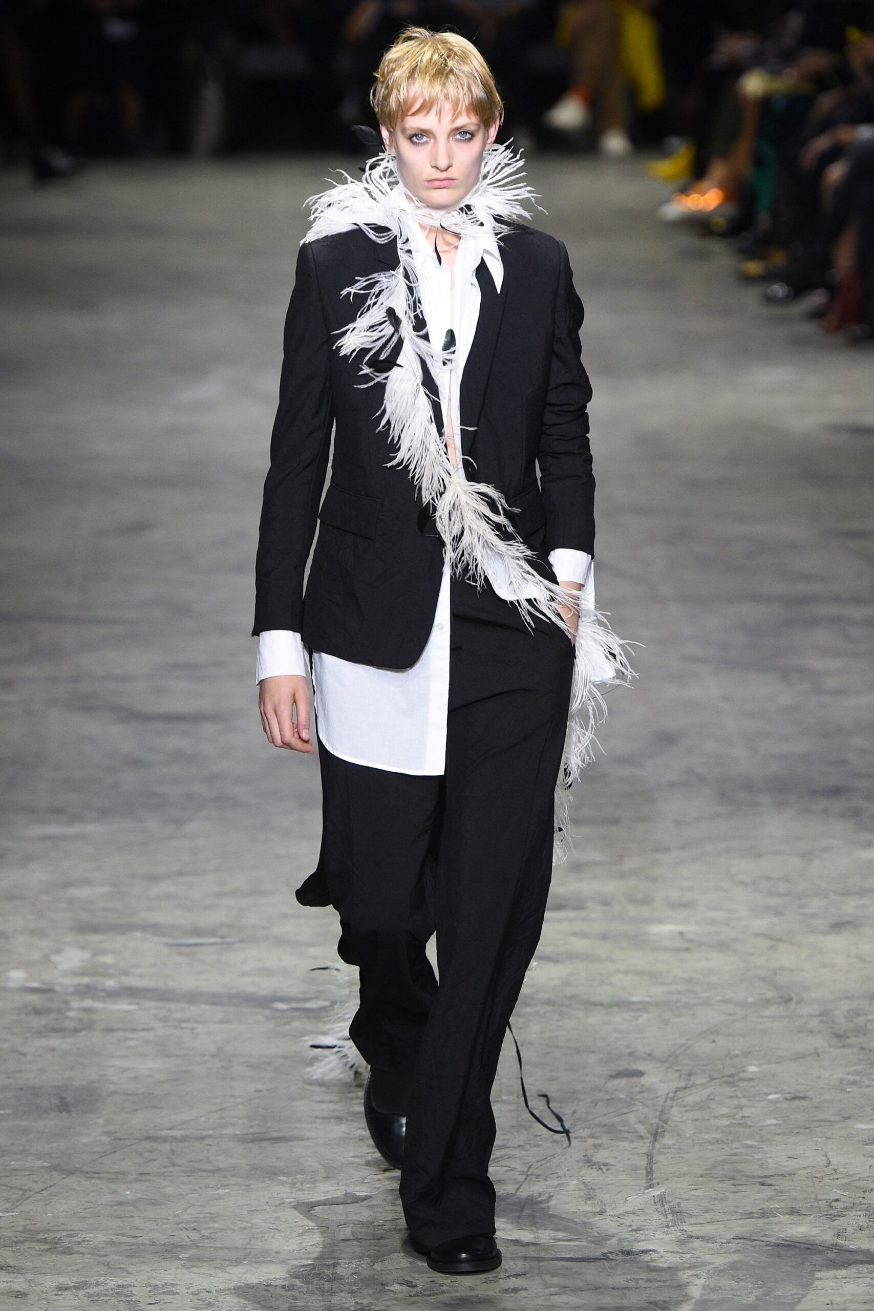 black wool fitted suit with feathers