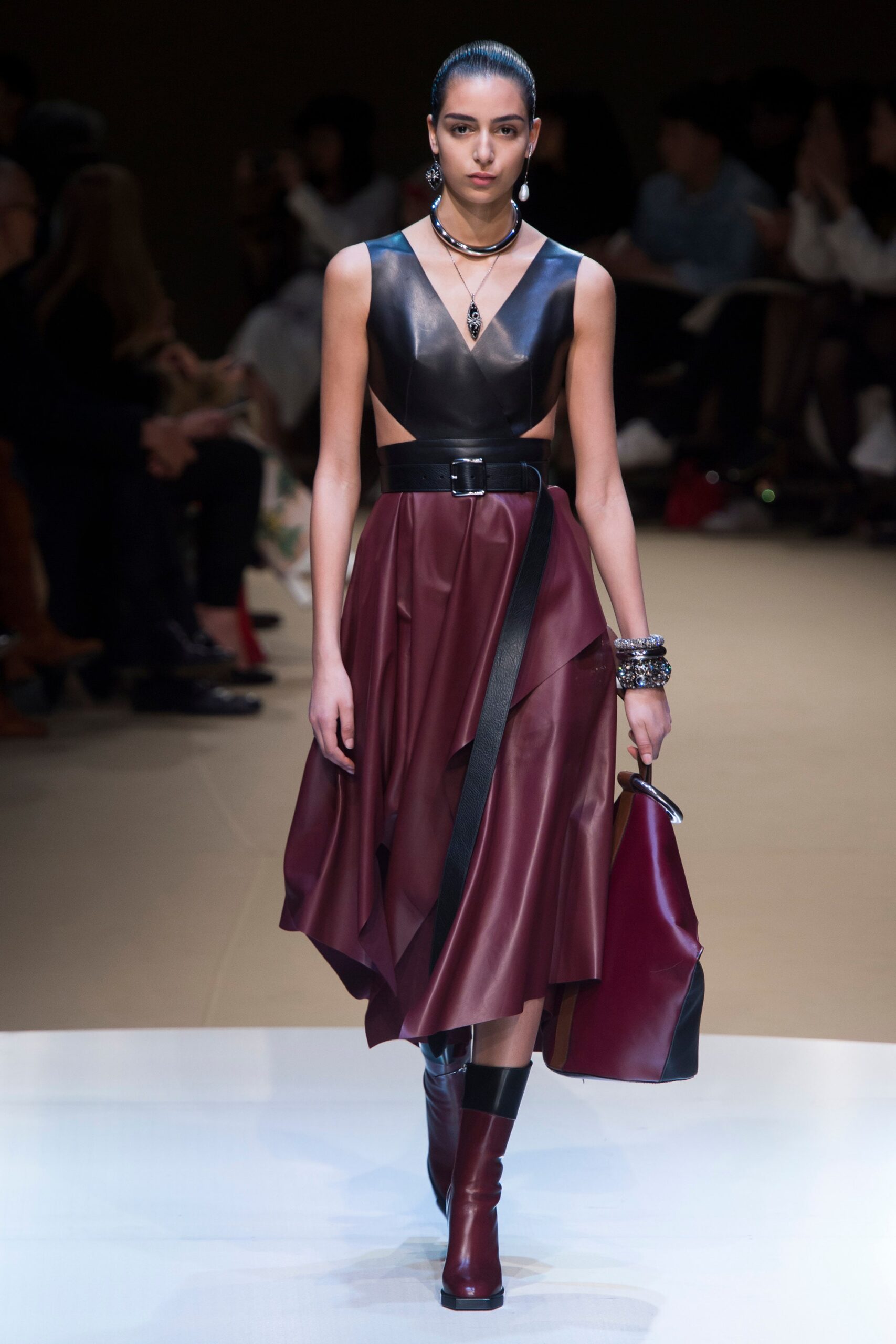 maroon leather sleeveless v-neck fitted a-line belted dress