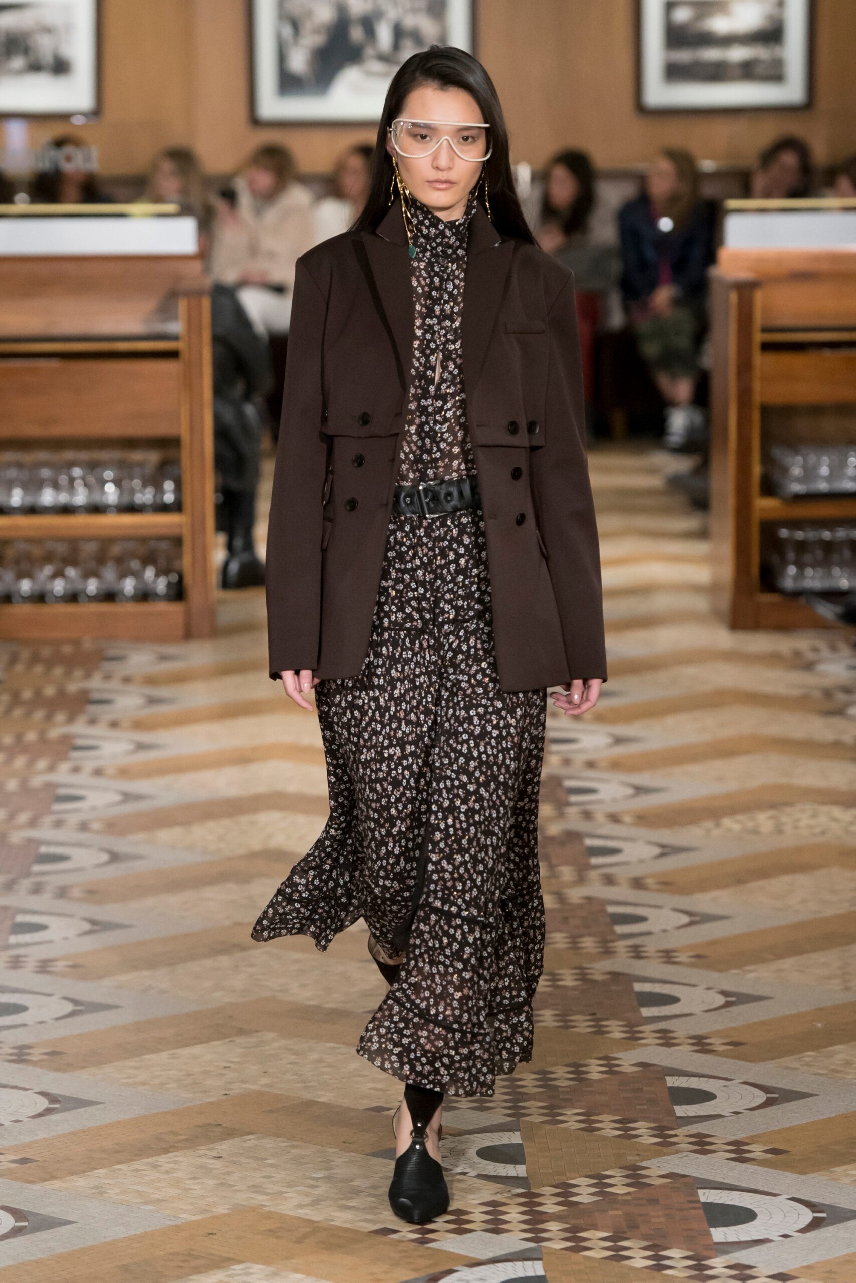 brown tailored blazer and black midi dress
