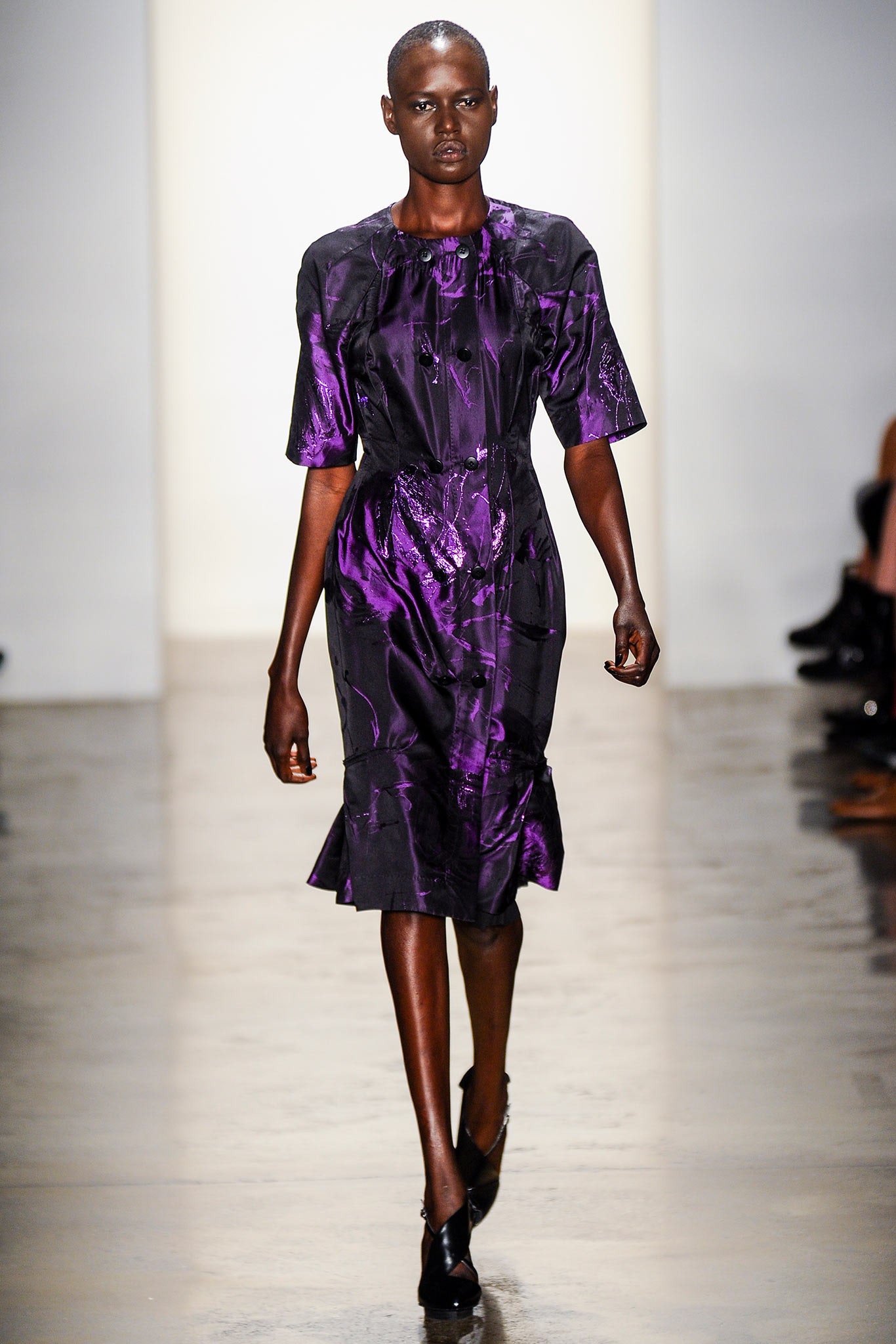 fitted purple silk midi dress