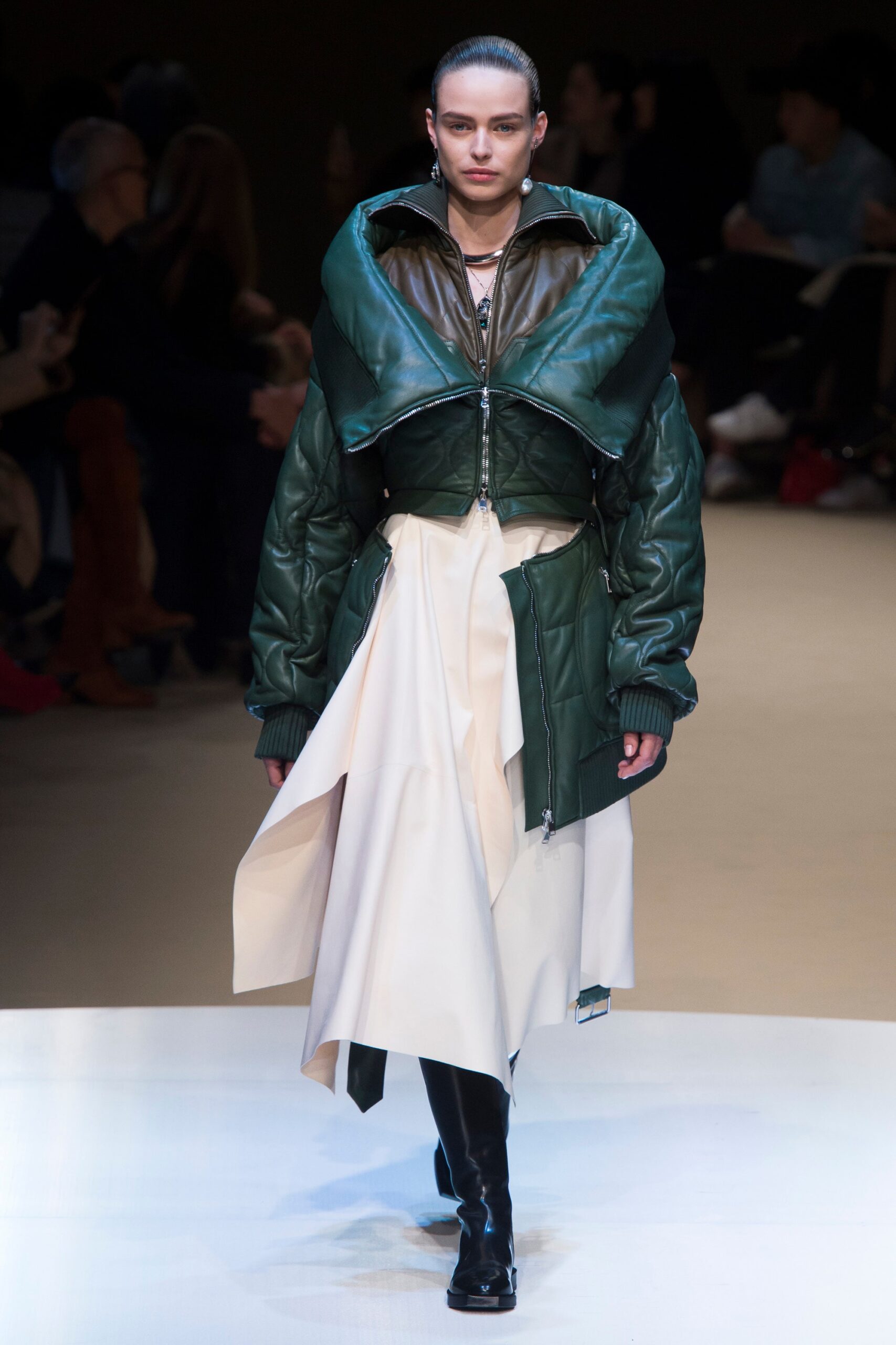 green leather jacket white dress