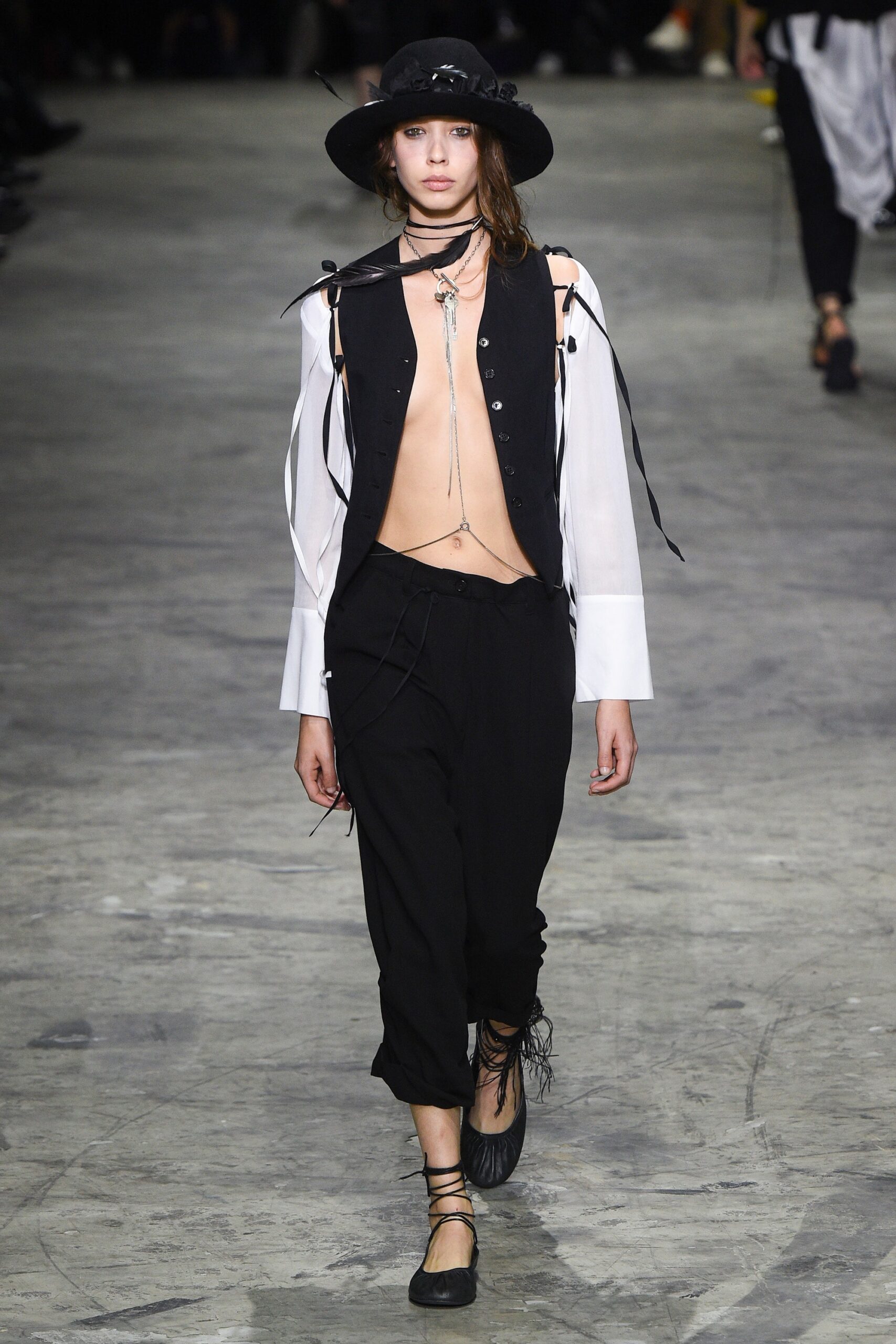 black and white layered top with relaxed pants