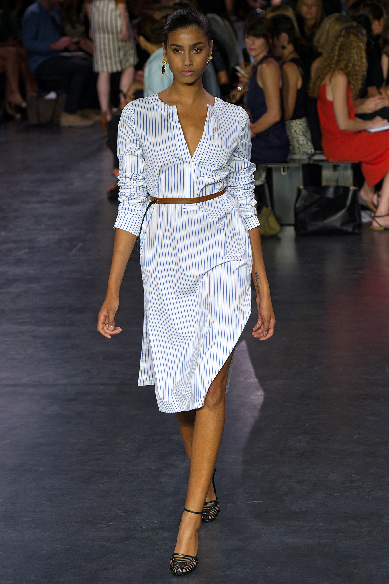 striped white and blue midi dress