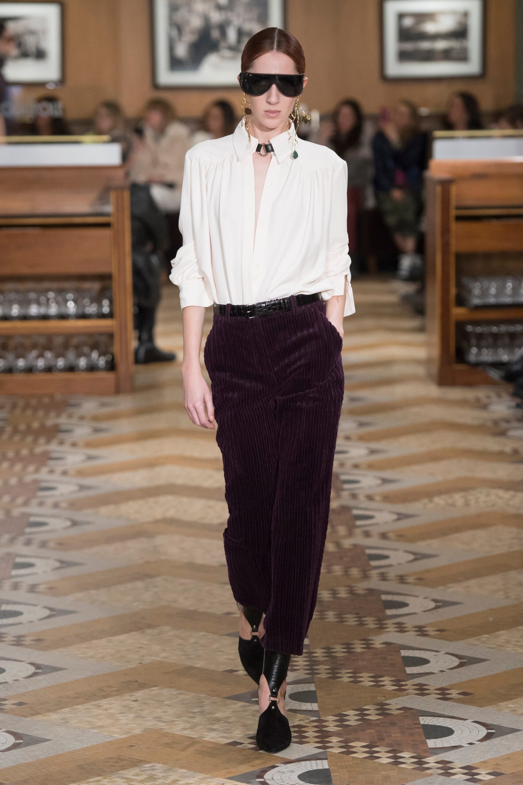 white relaxed blouse with purple pants