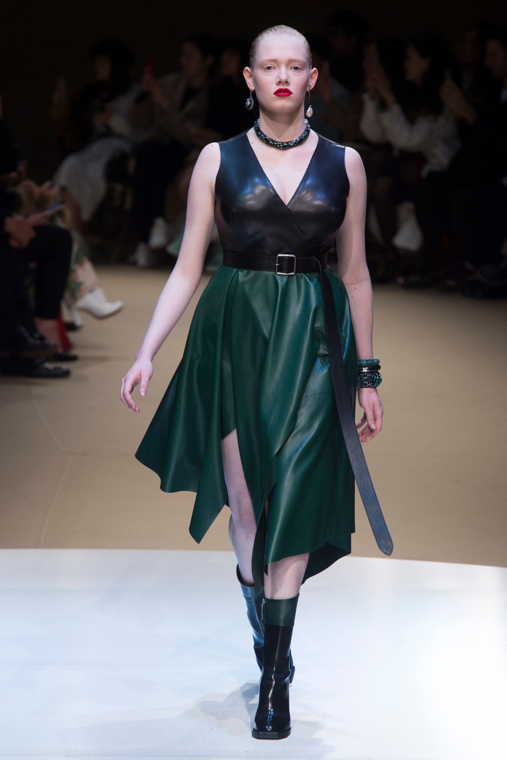 green black leather belted dress