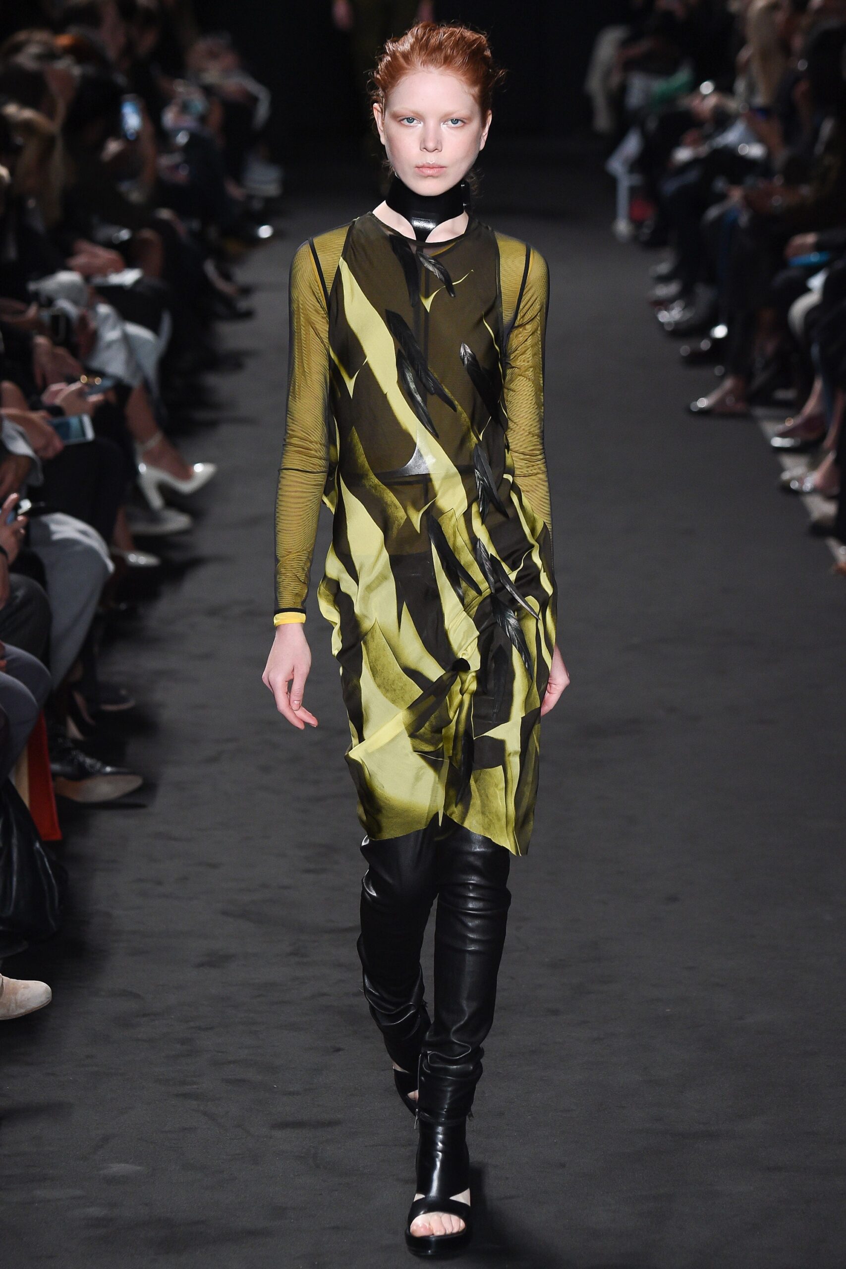 green silk long-sleeve high-neck fitted draped printed dress