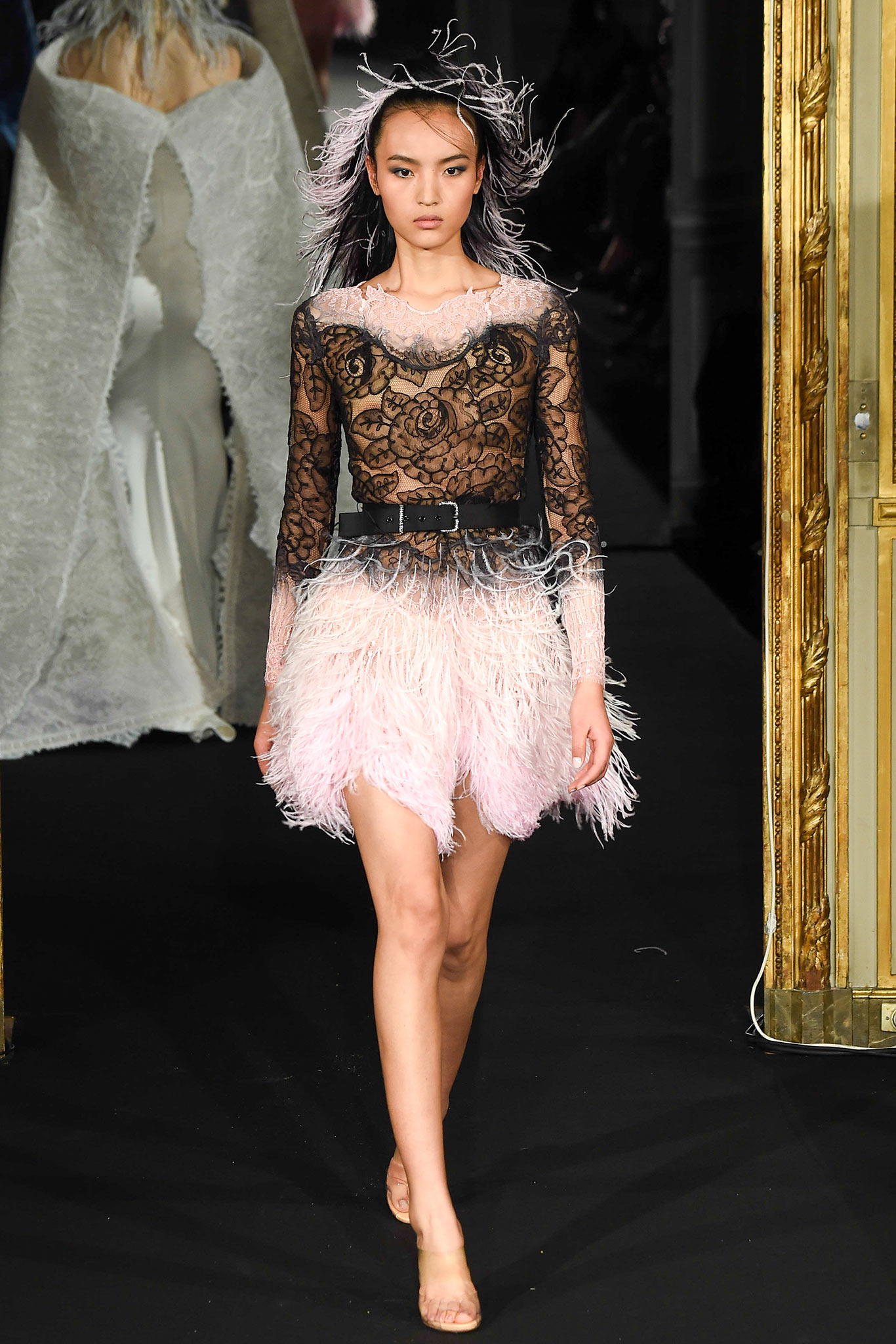 black lace mini dress with feathers