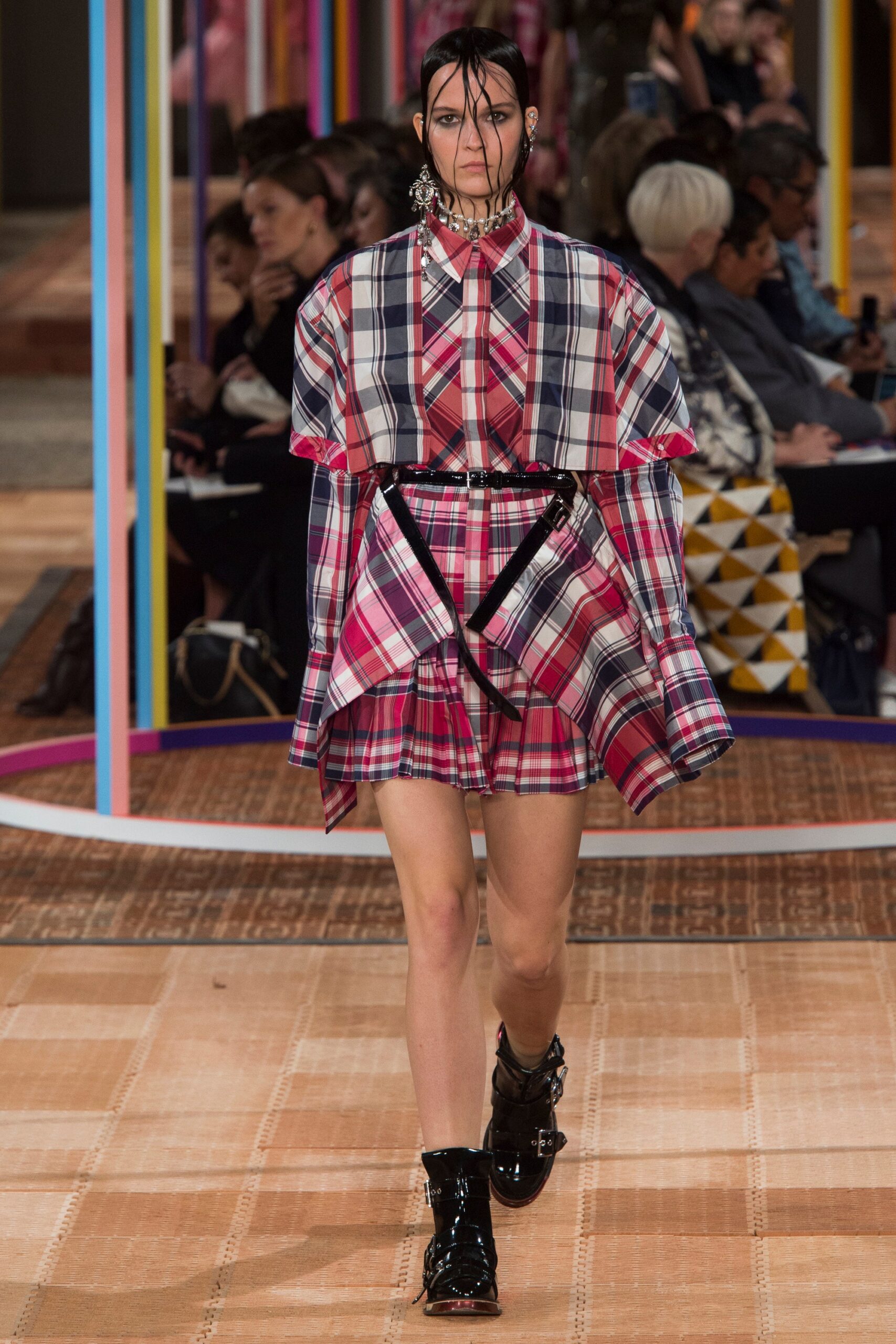 pink cotton short-sleeve collared relaxed checked layered dress