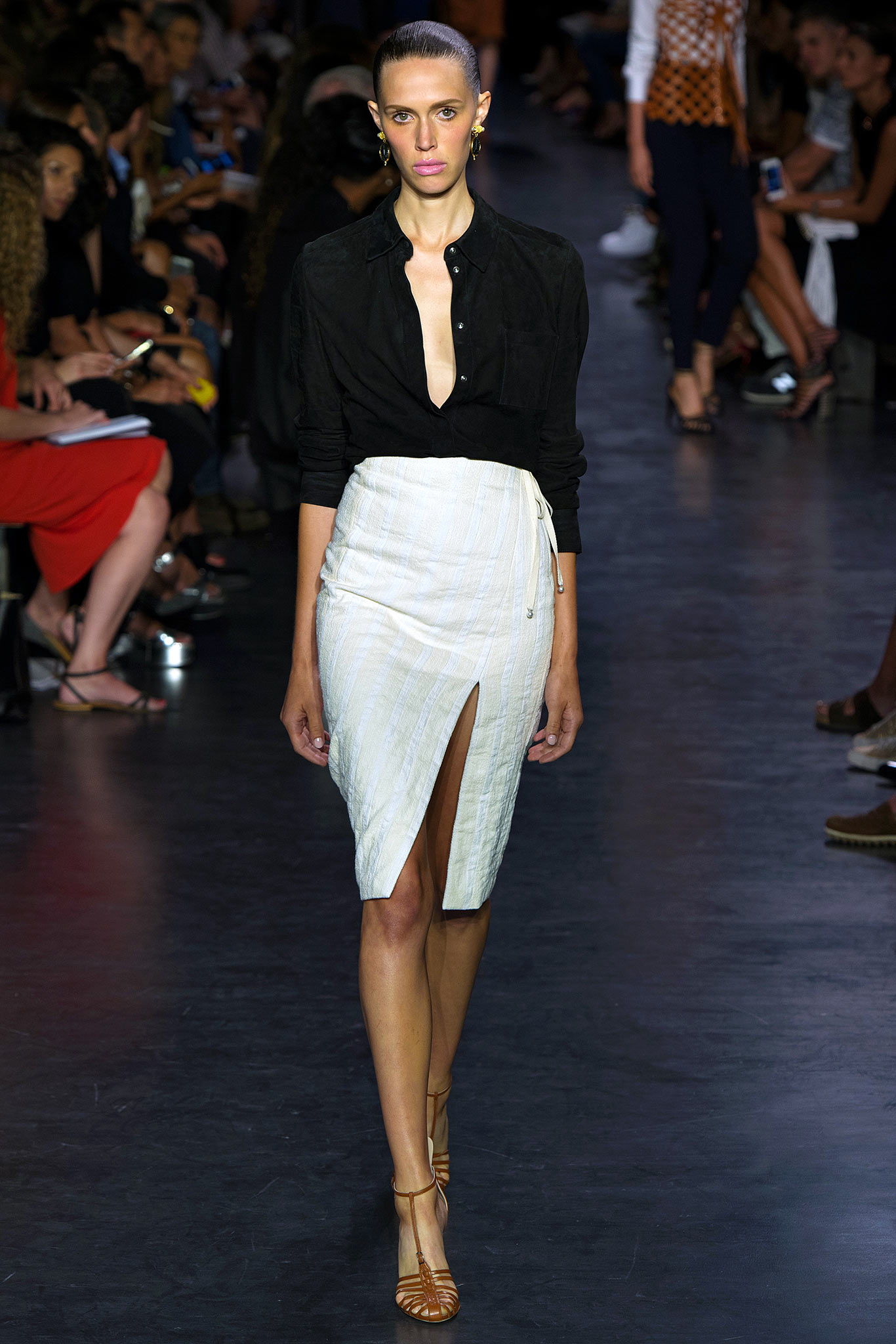 black fitted shirt white skirt