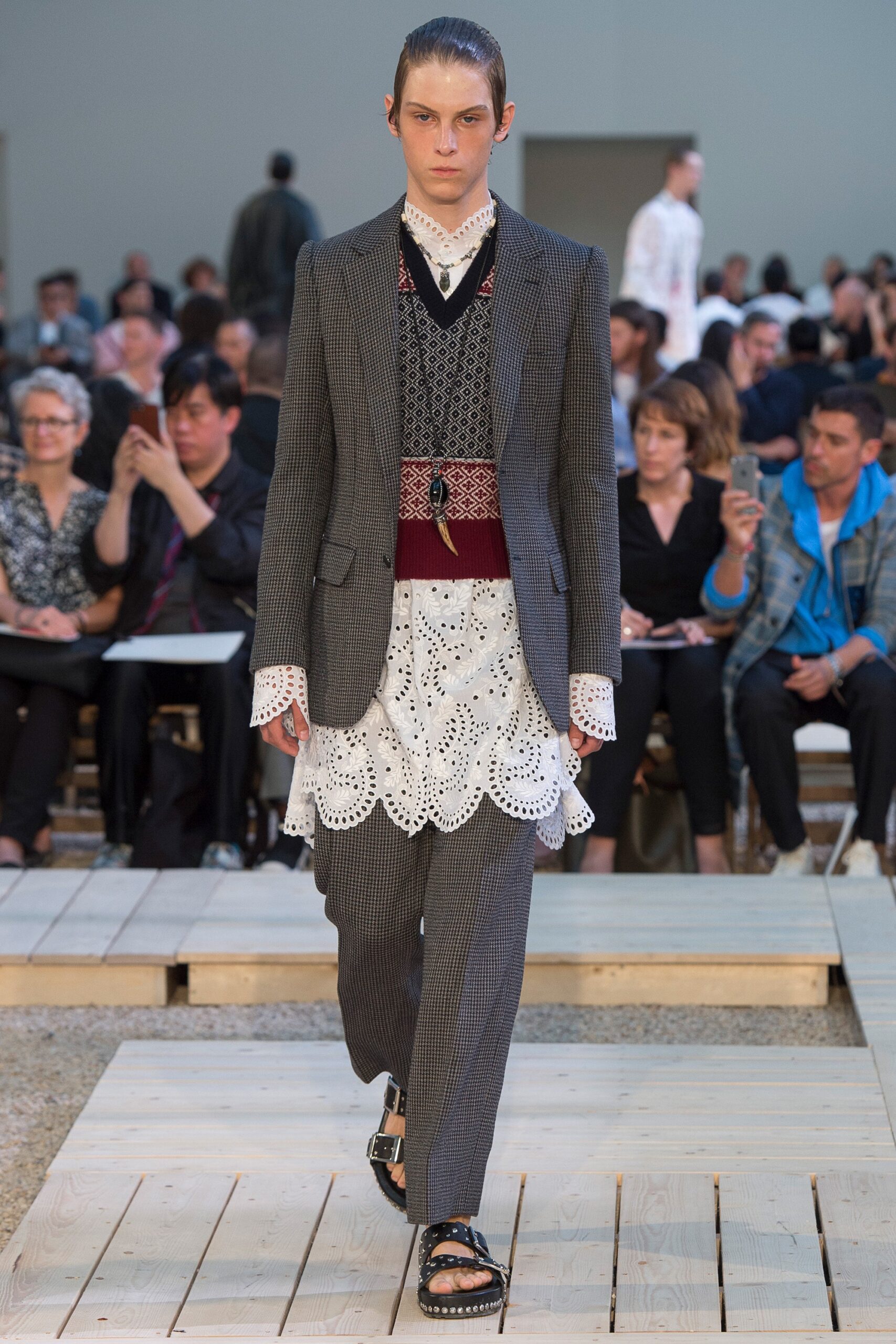 gray tailored blazer with layered vest