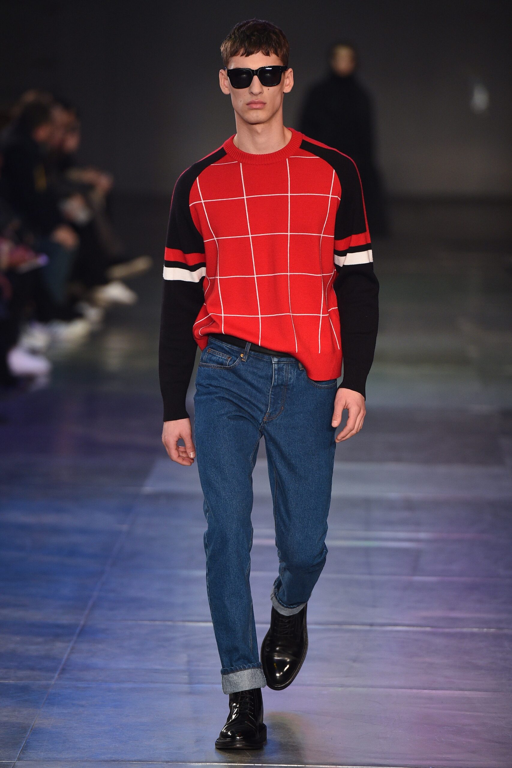 fitted red checked sweater with jeans