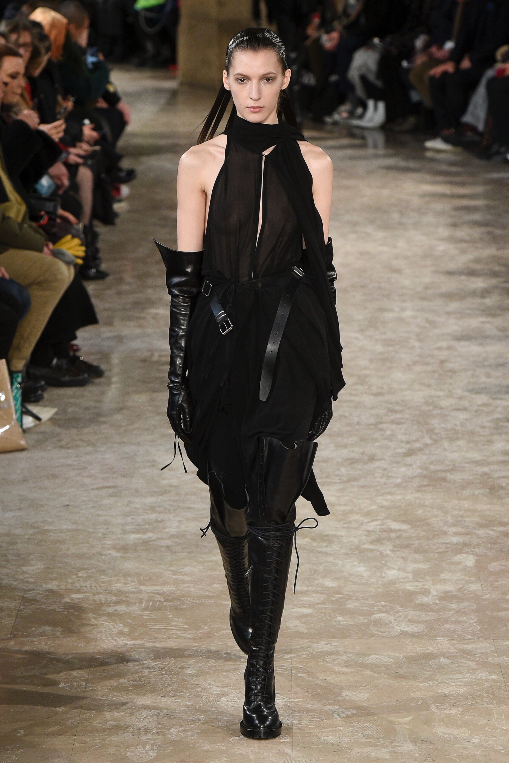 black silk sleeveless high-neck fitted draped sheer dress