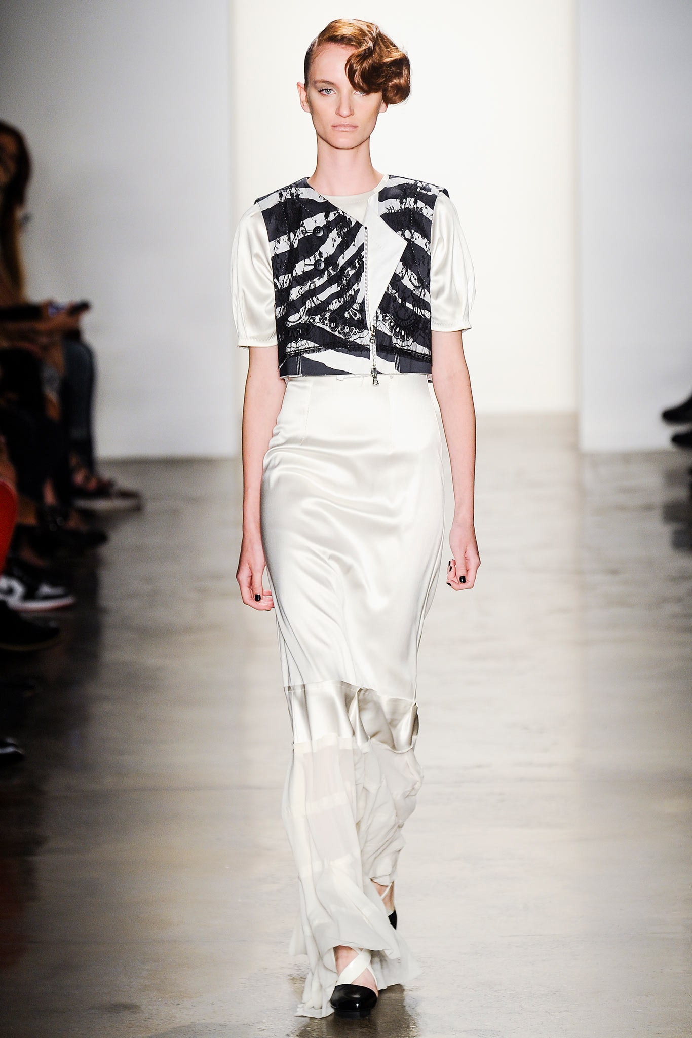 black and white silk top with asymmetric skirt