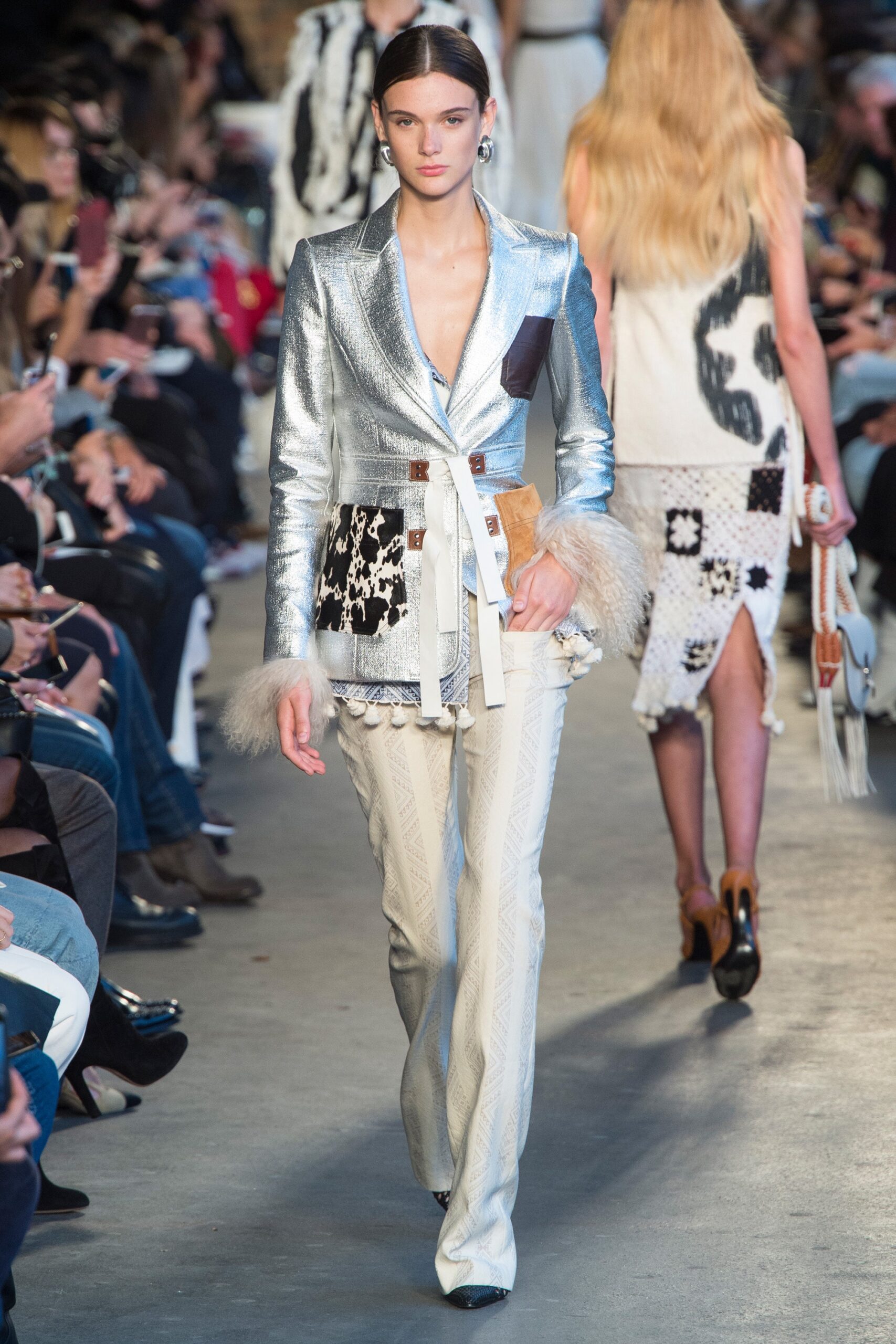 silver tailored blazer with fitted pants