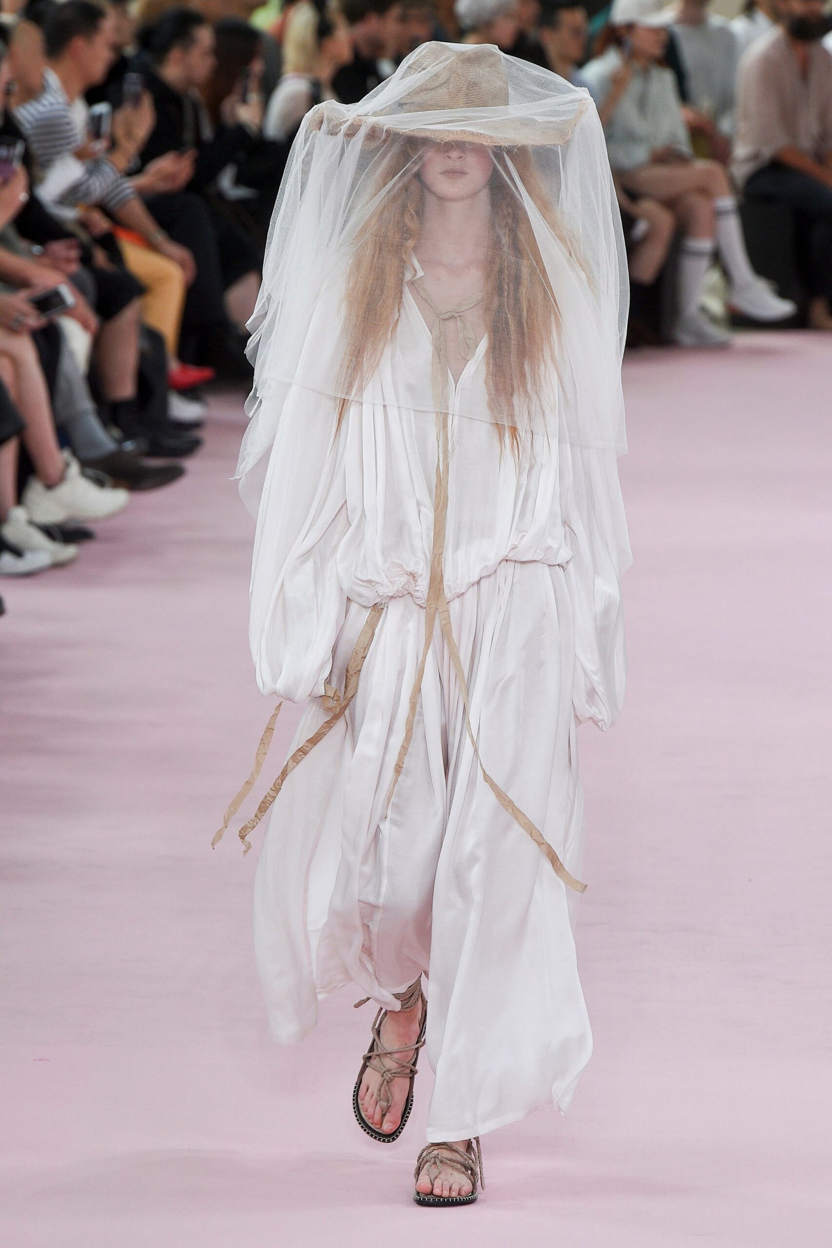 white silk long-sleeve v-neck relaxed draped flowing dress