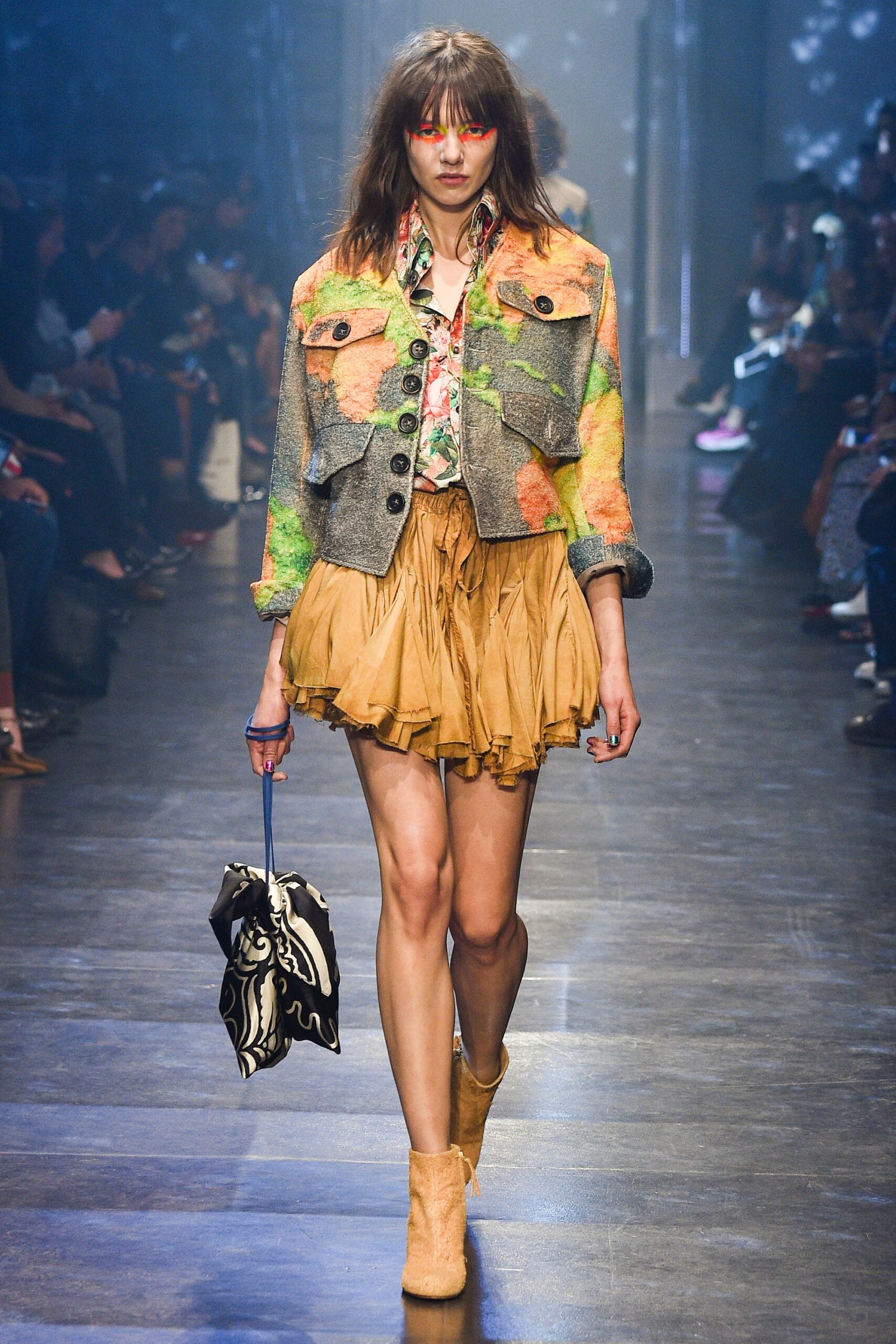 multi-colored fitted jacket and mini skirt