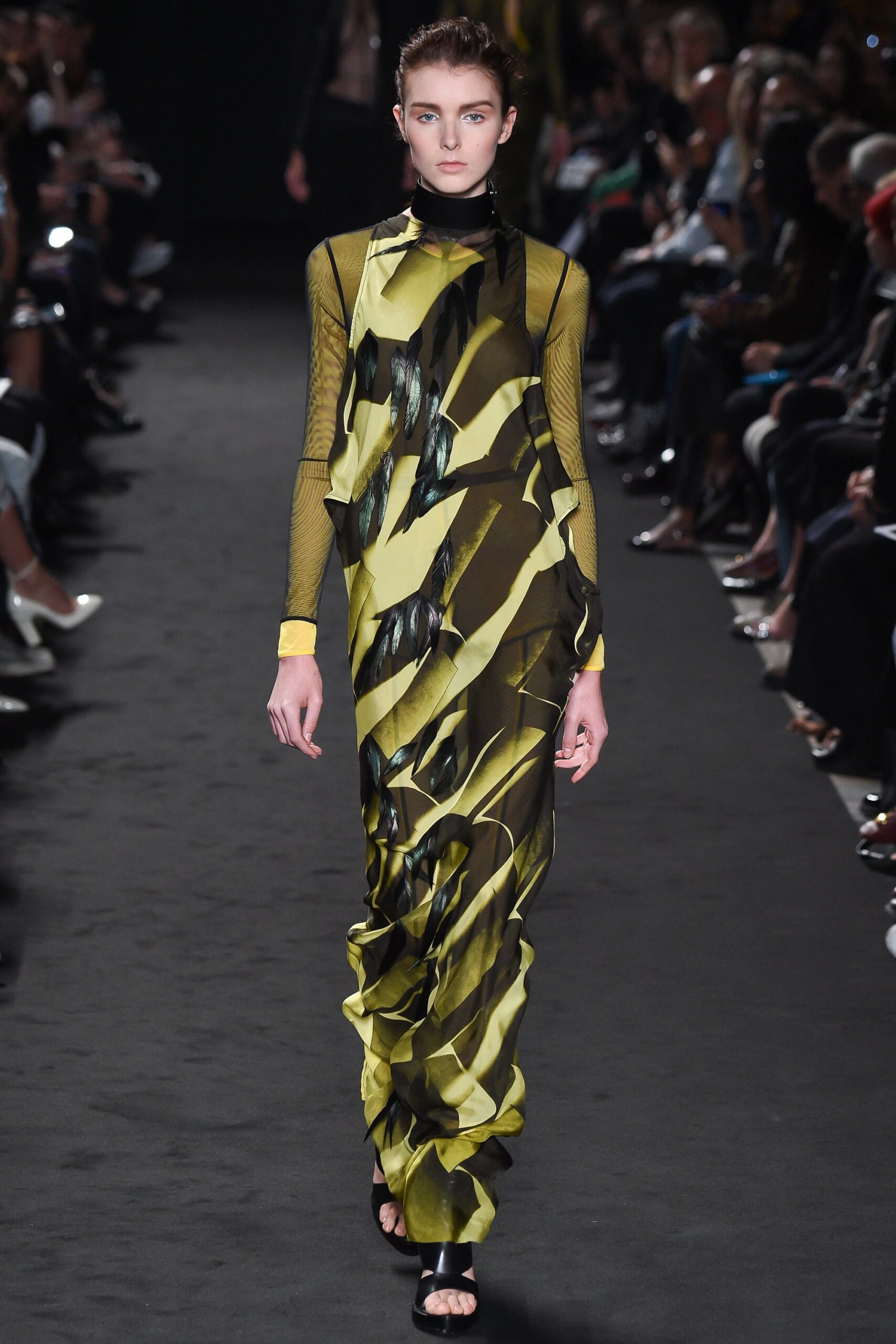 yellow and black draped gown