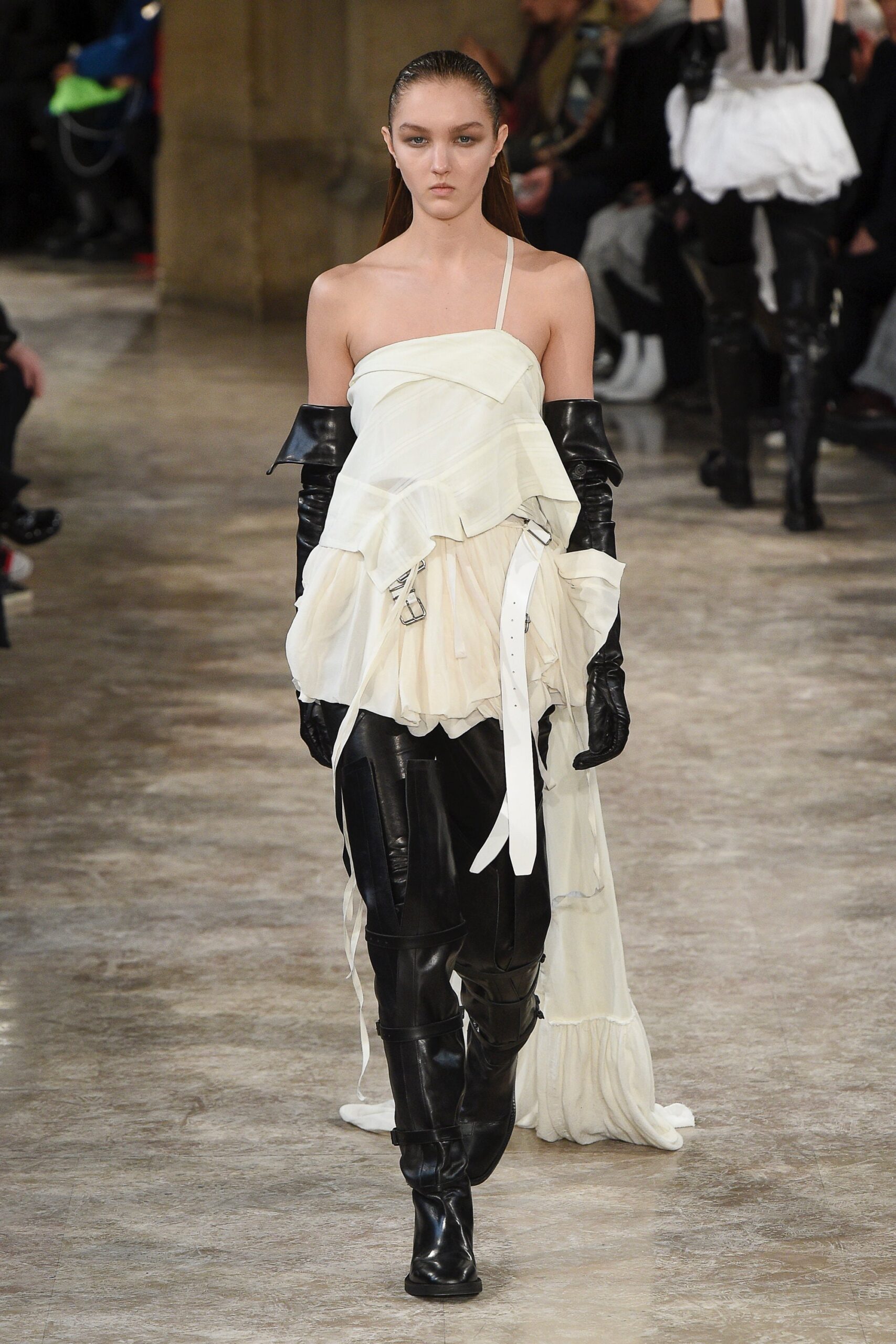 white asymmetric ruffled dress