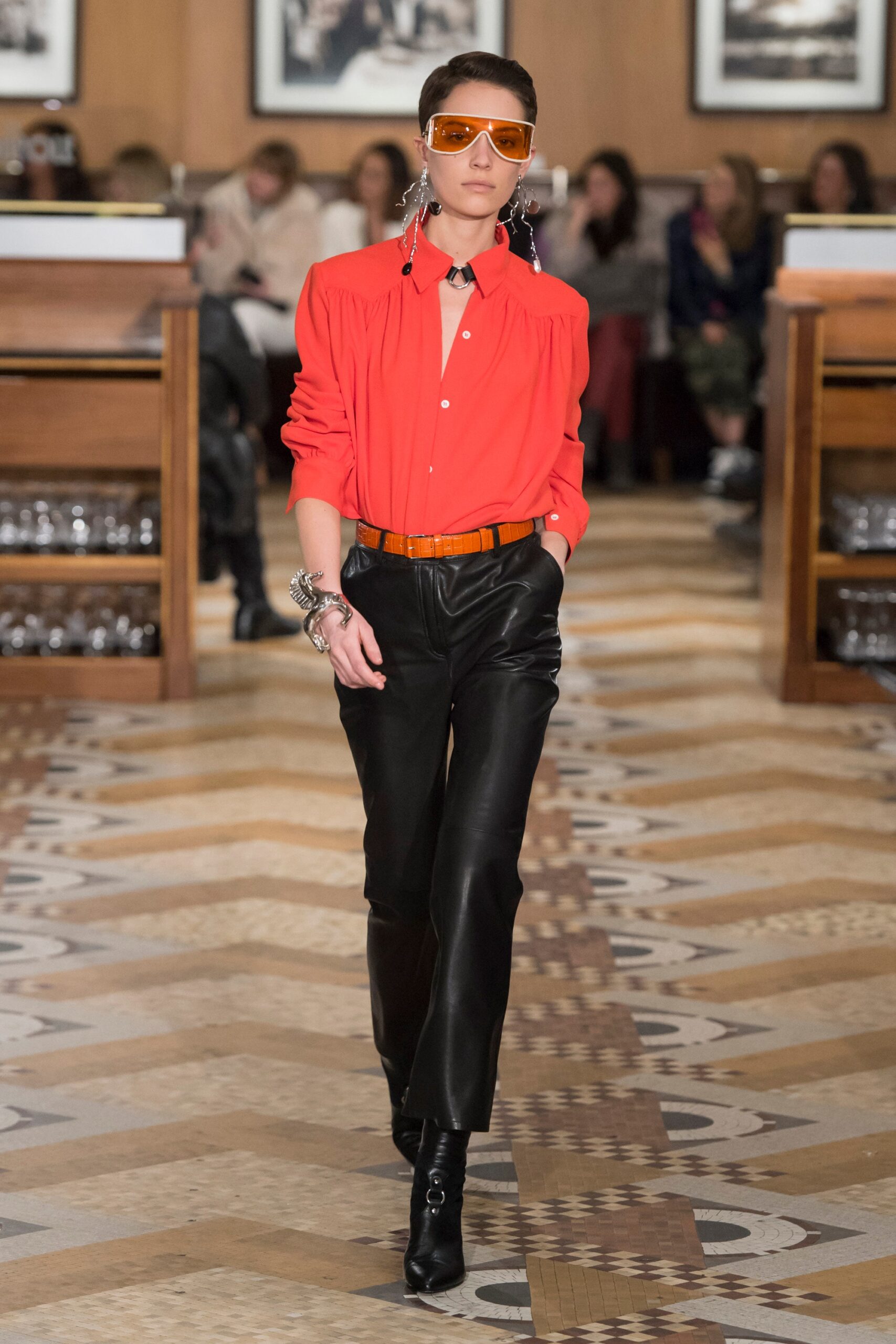 red cotton long-sleeve collared fitted pleated shirt