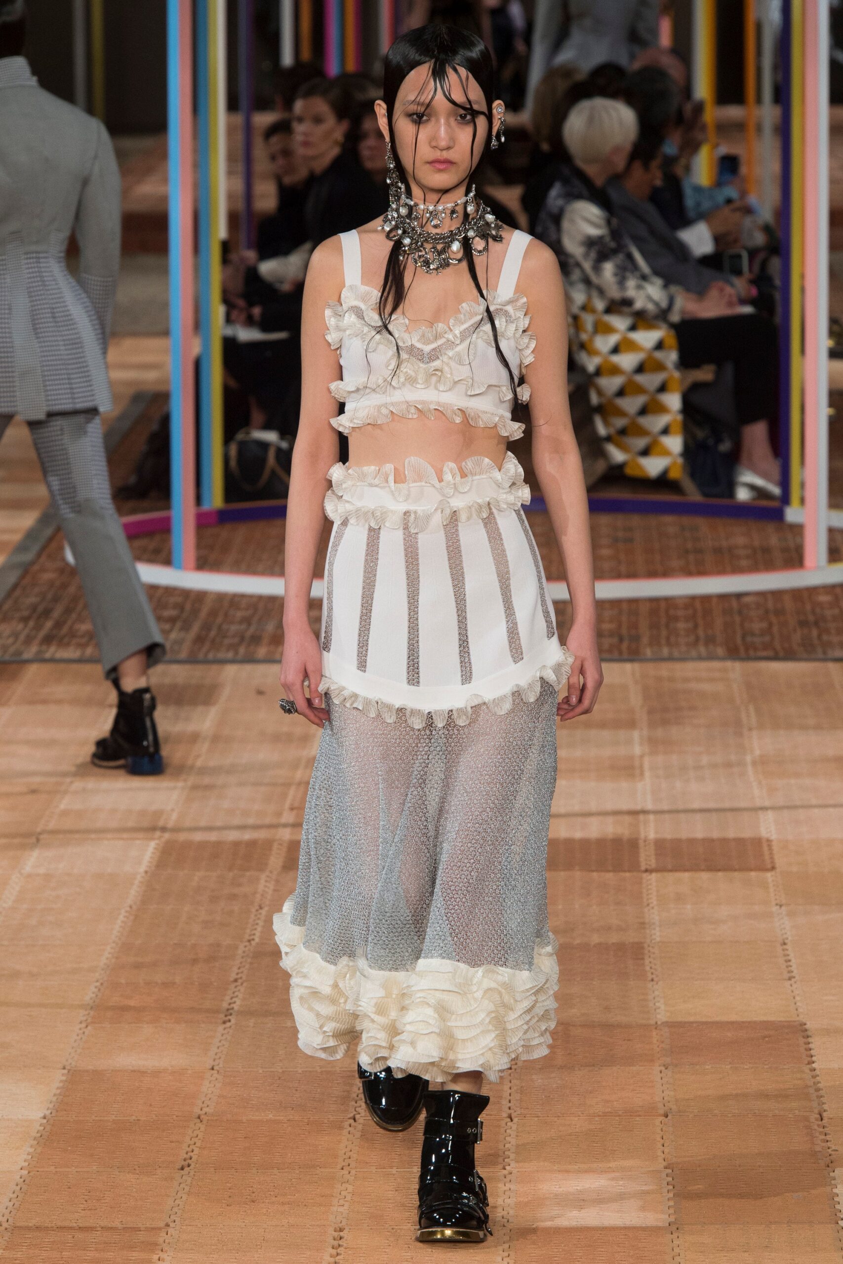 white mesh ruffled top and skirt