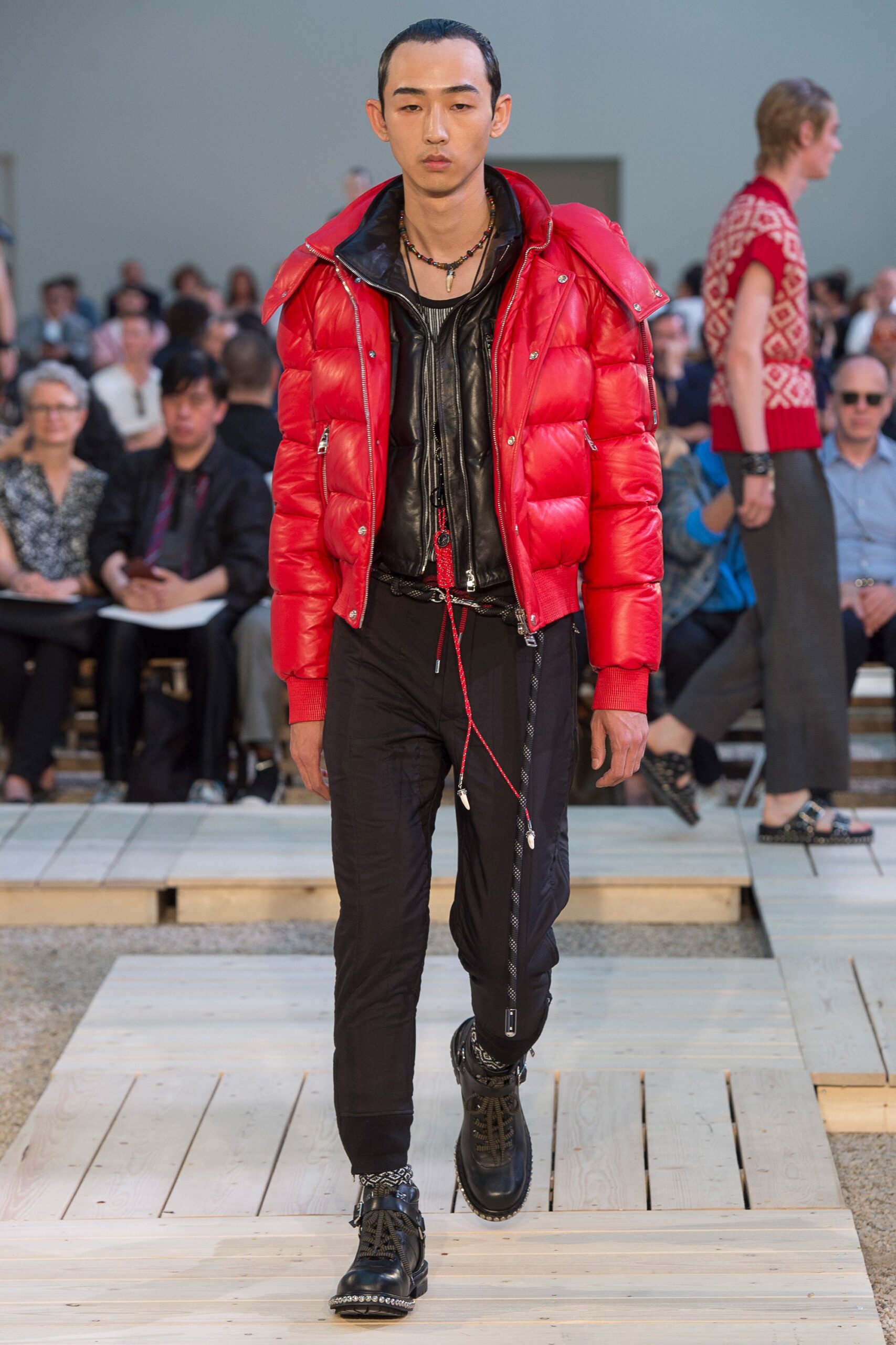 red jersey long-sleeve collared fitted zippered padded jacket