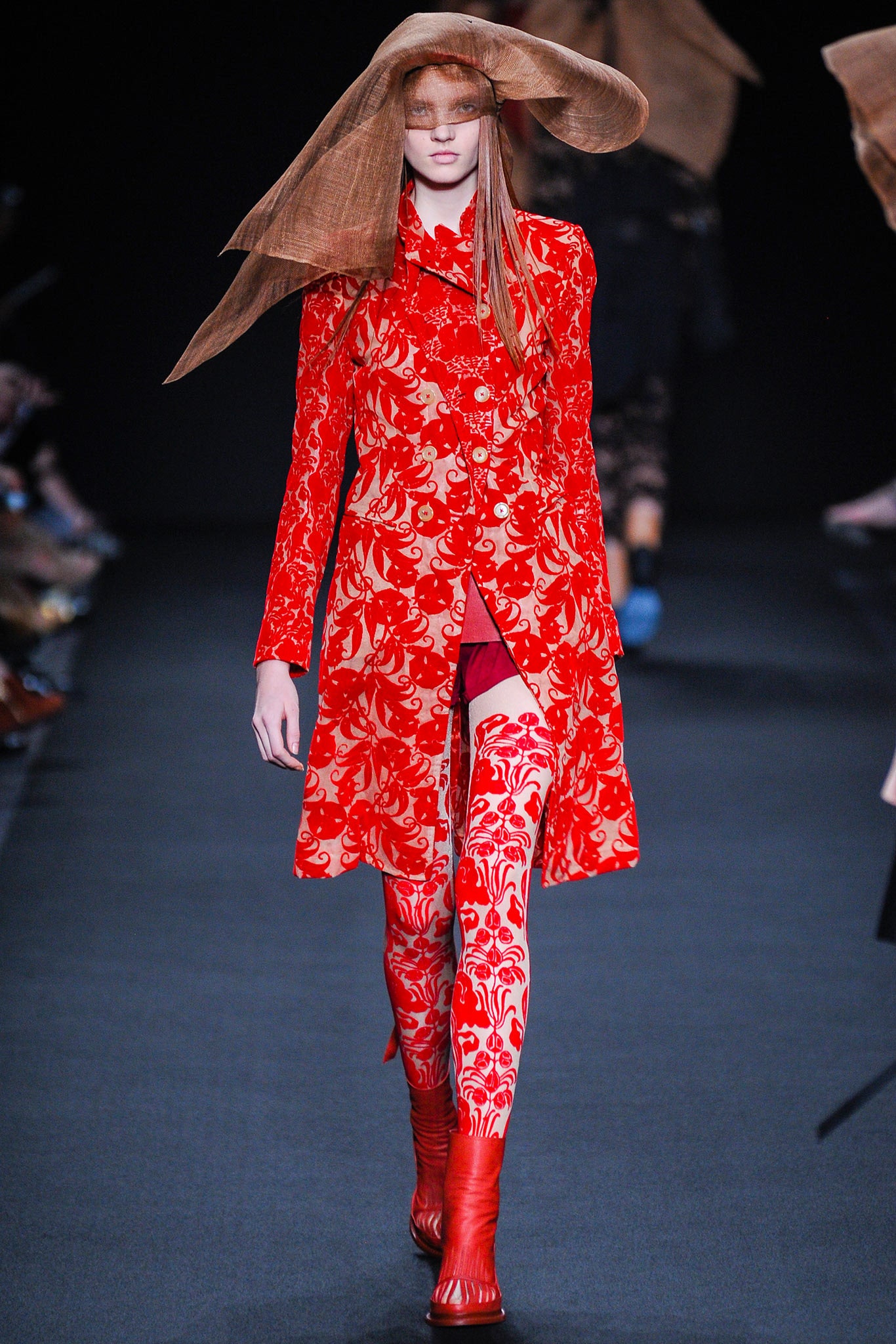 red silk long-sleeve collared fitted floral buttoned dress