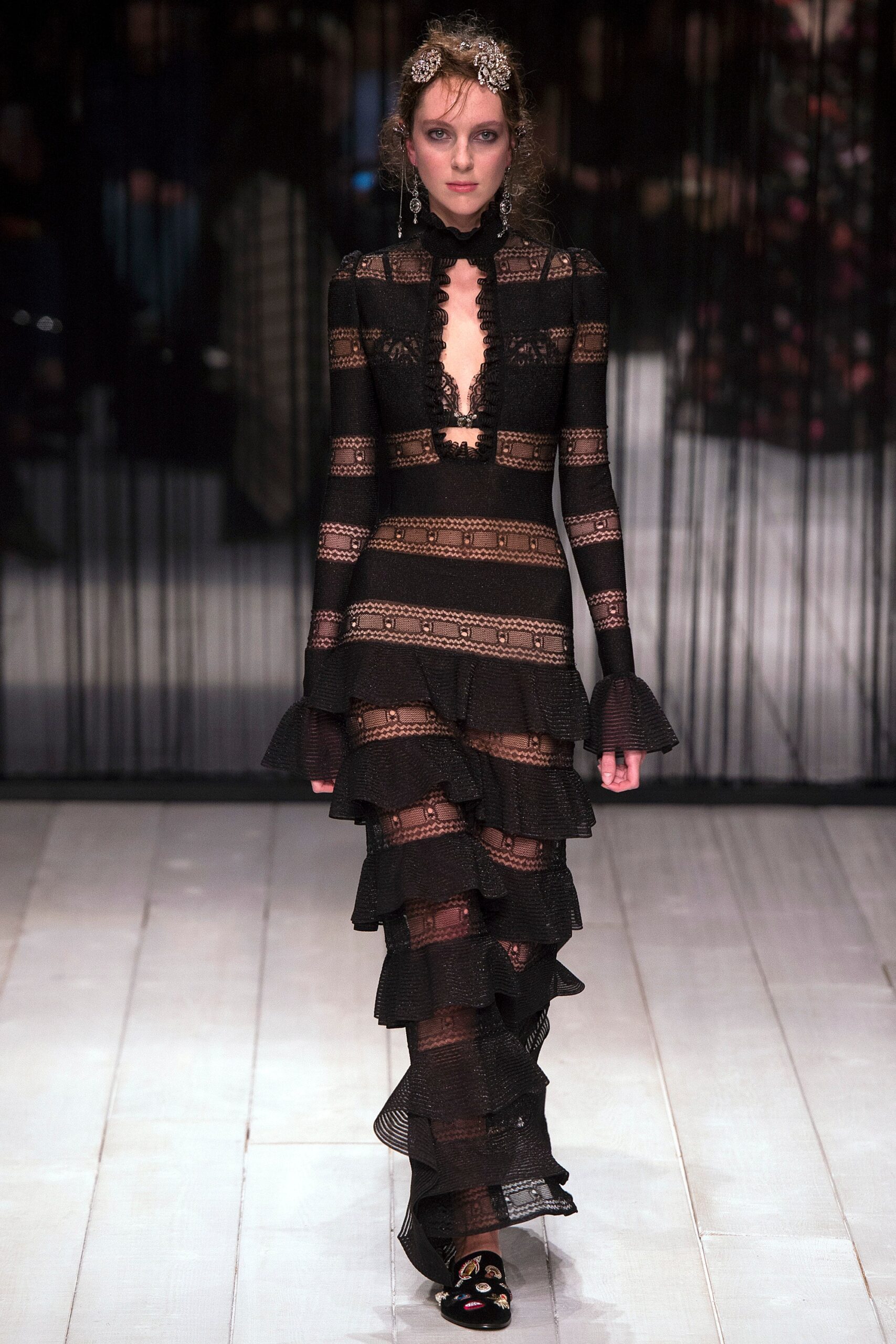 black lace ruffled maxi dress