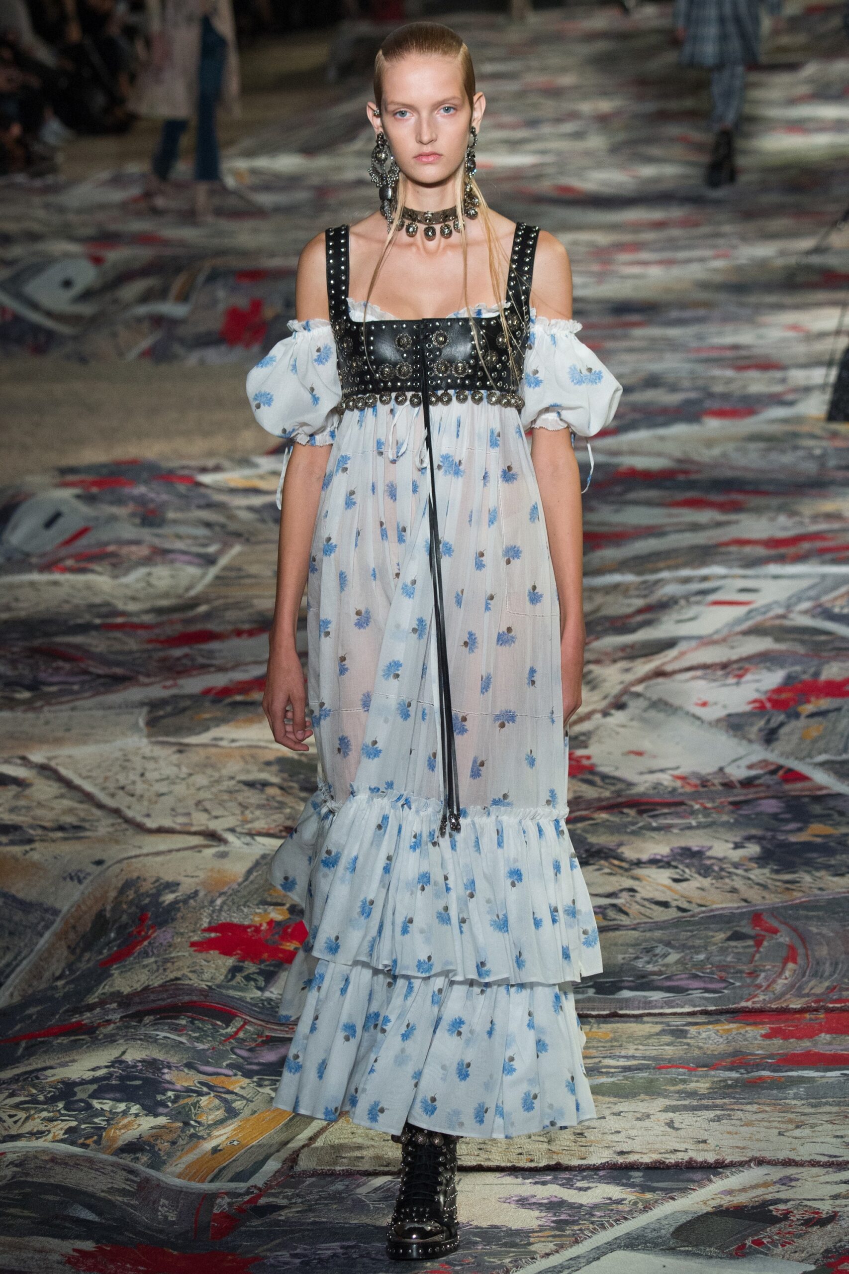 blue and white tiered dress with corset