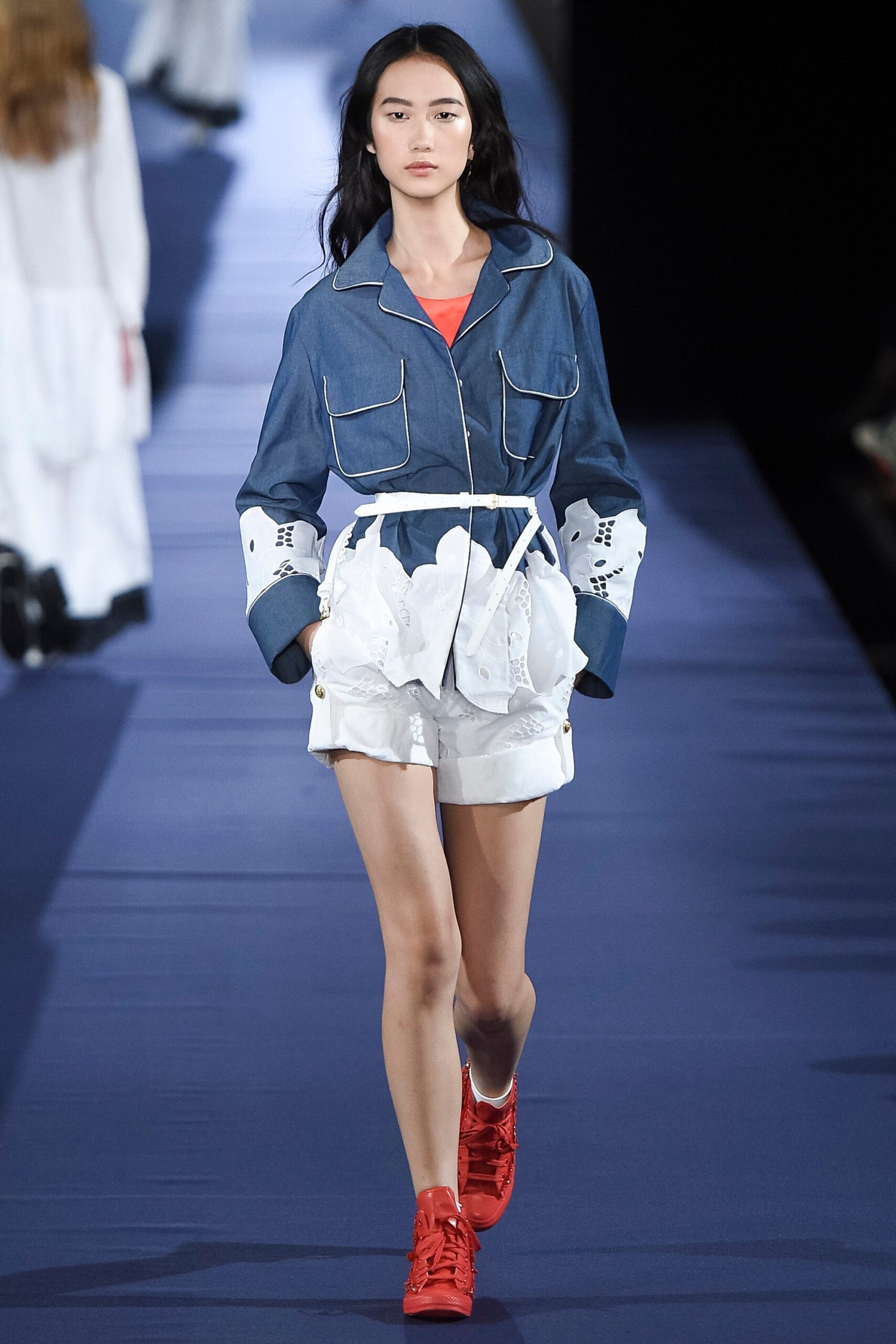 blue denim jacket with white shorts