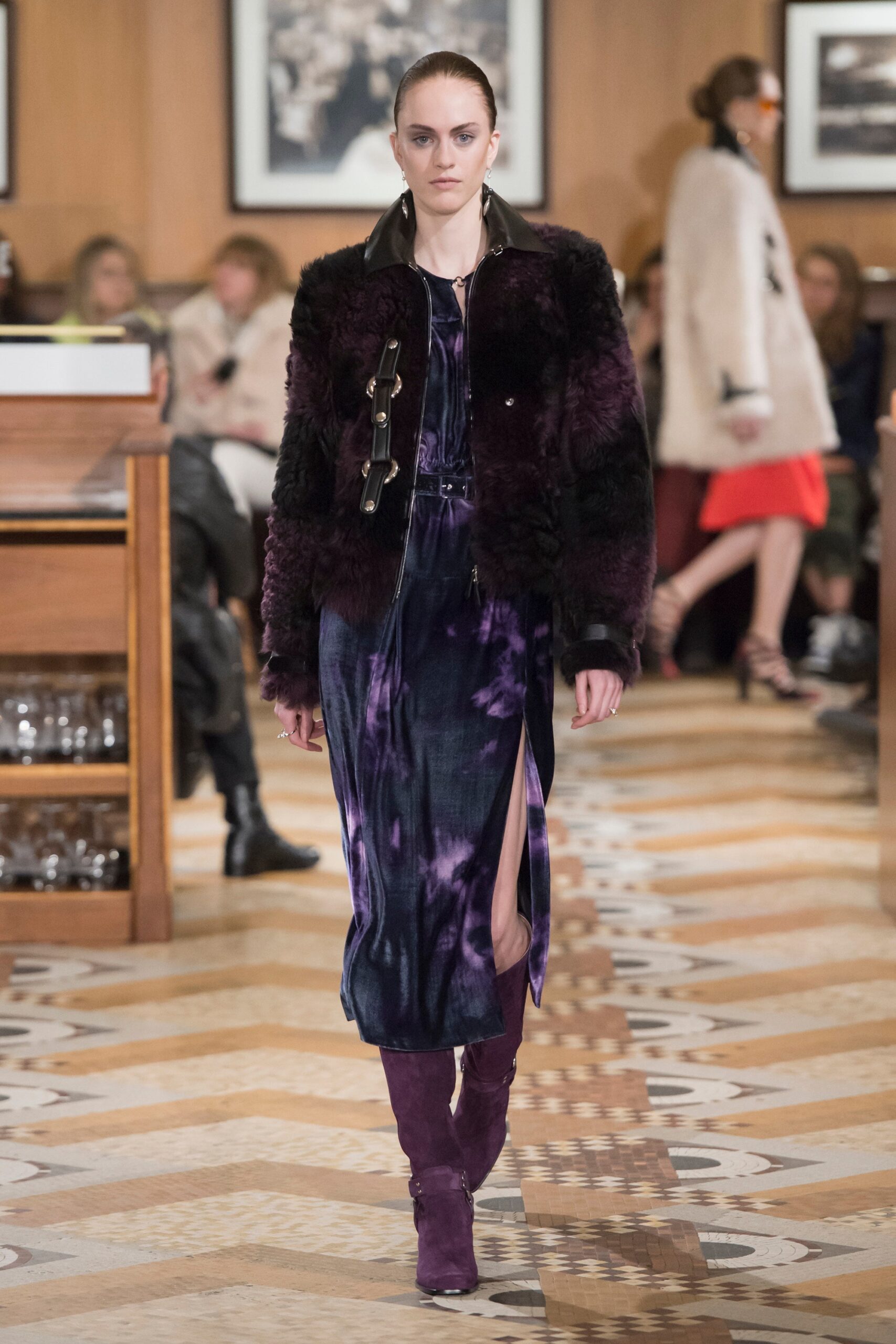 purple velvet midi dress with faux-fur jacket