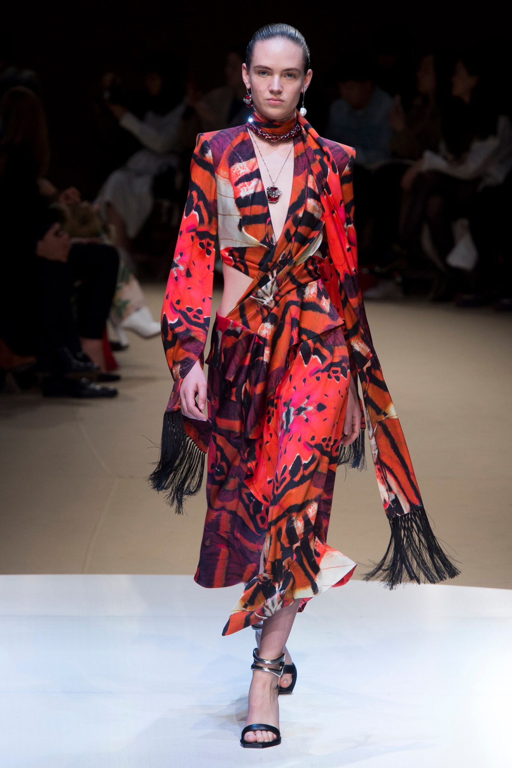 red orange black silk dress