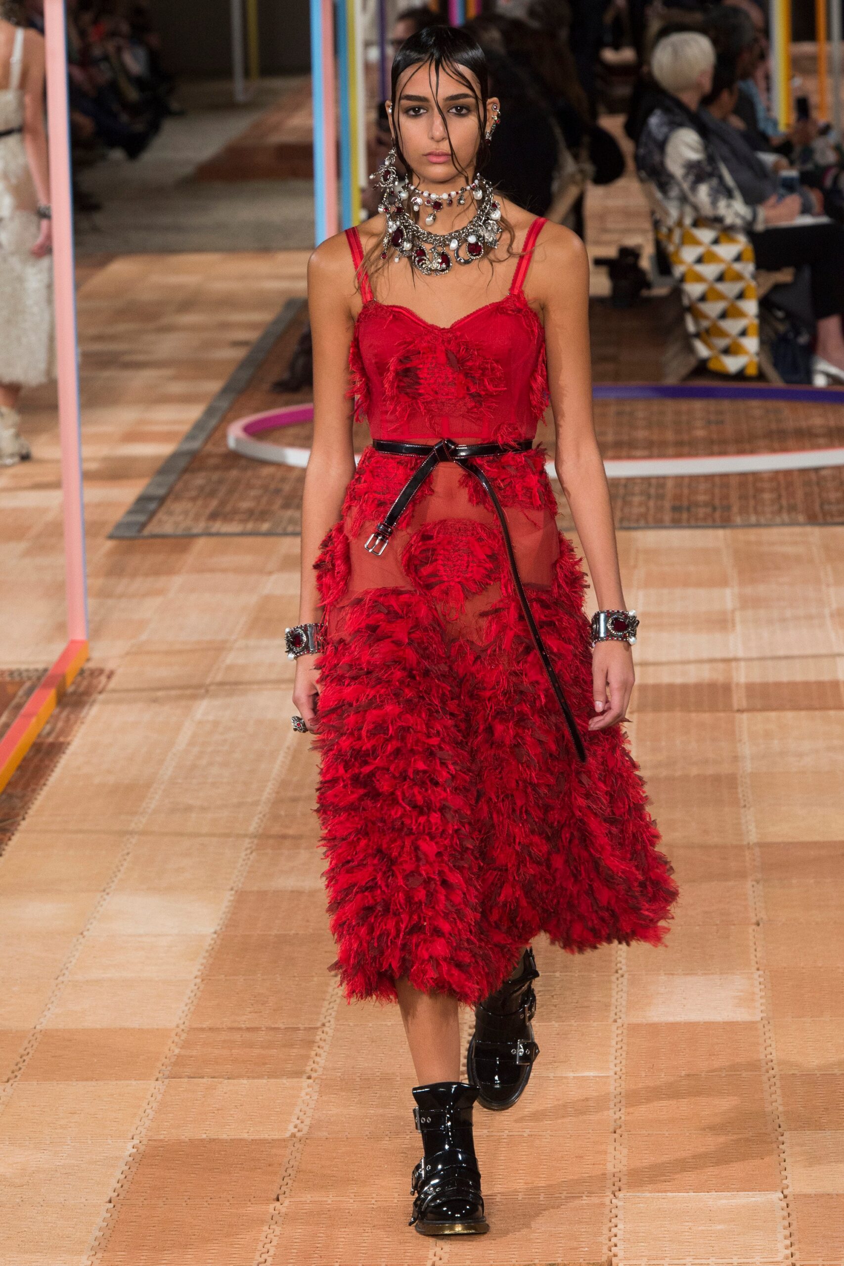 red ruffled midi dress