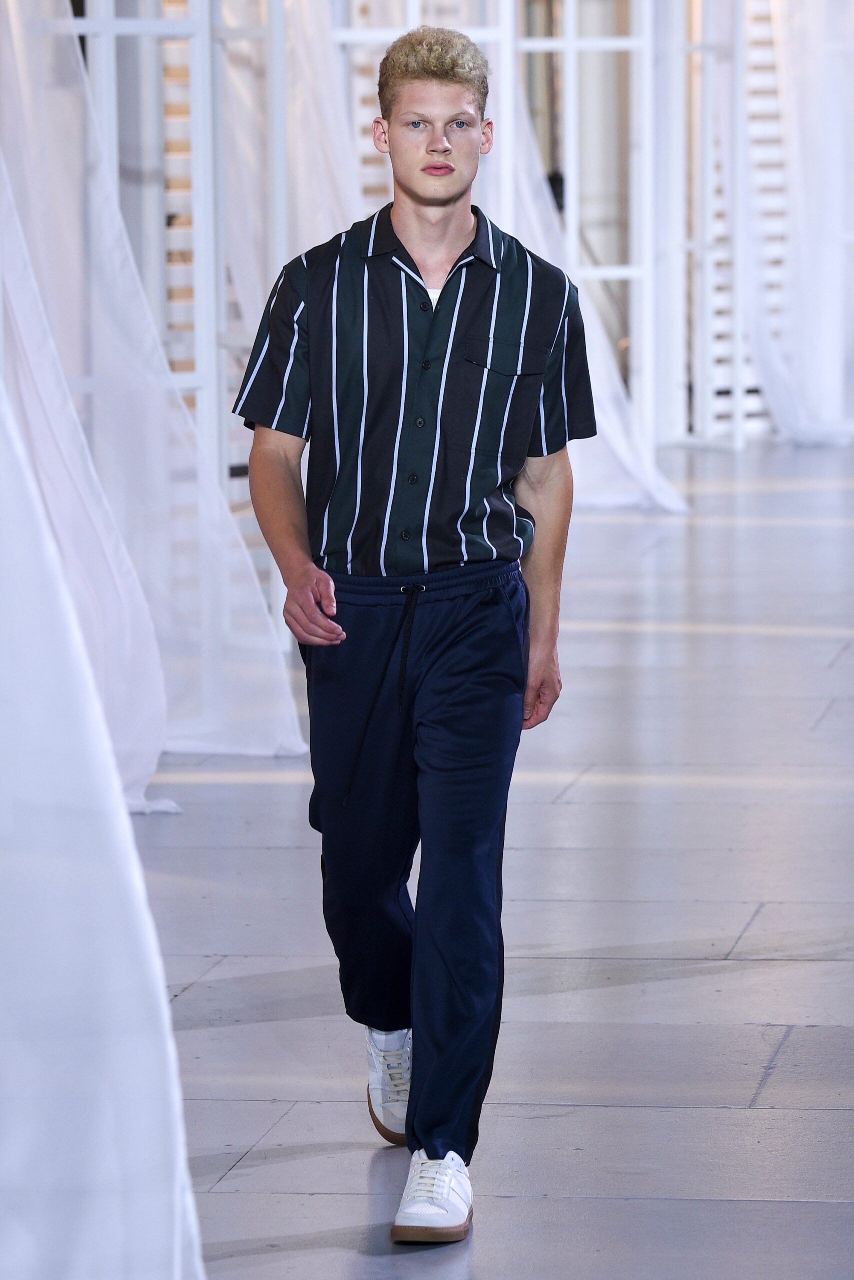 black short-sleeve collared relaxed striped shirt