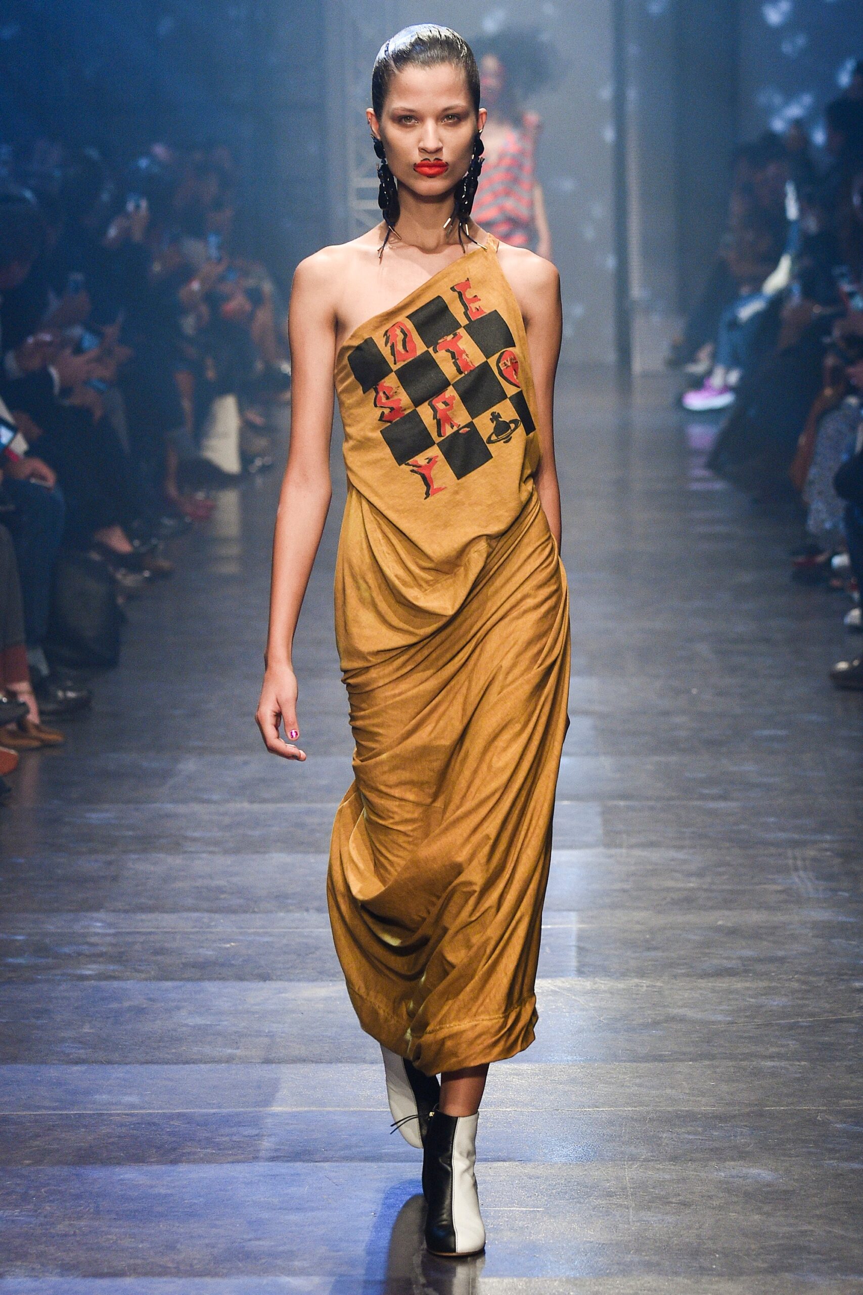 gold cotton sleeveless asymmetric fitted draped printed dress
