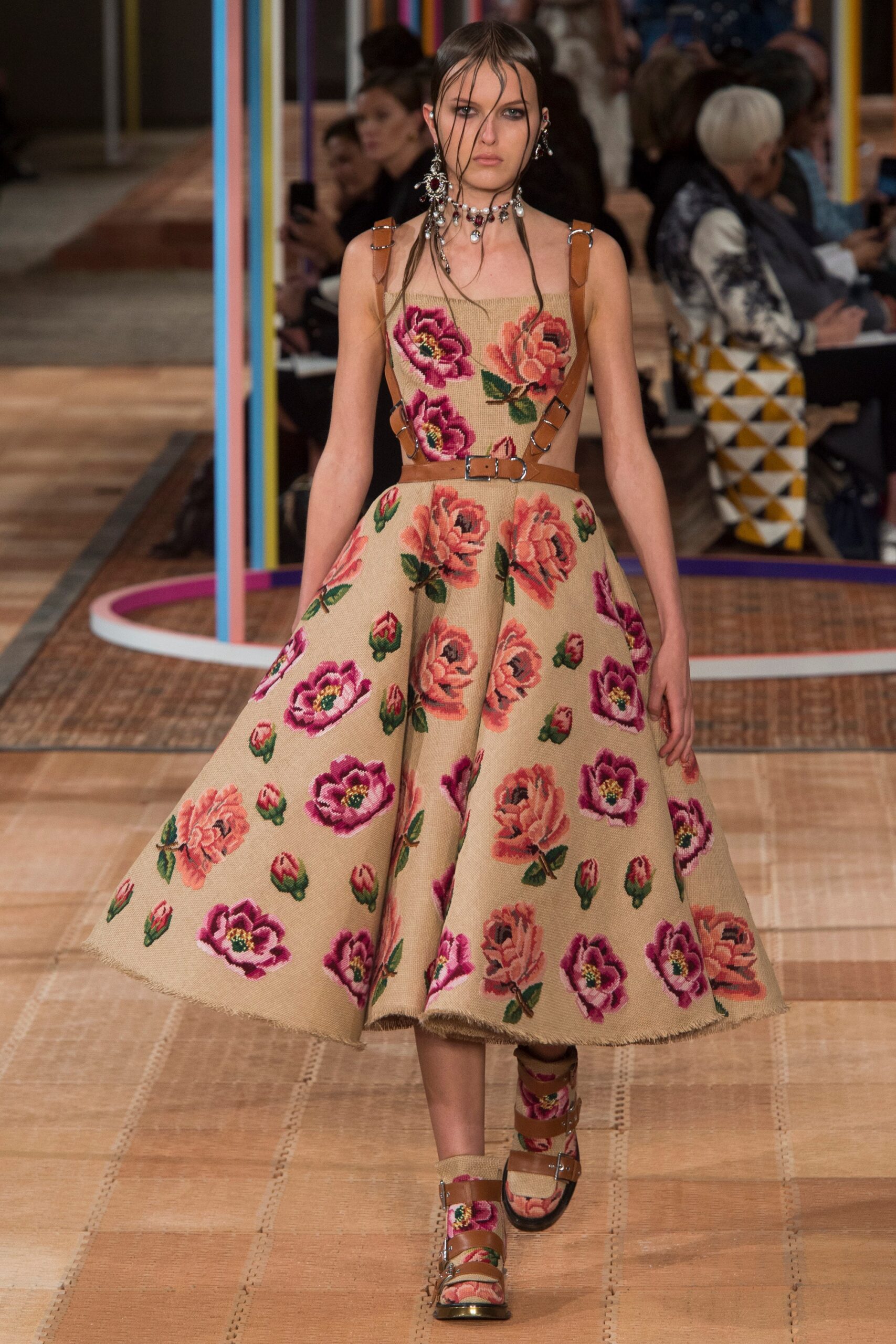 beige embroidered flared dress