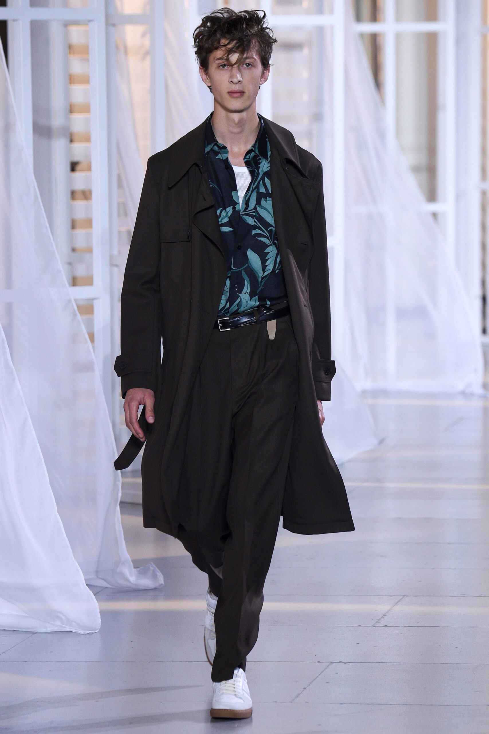 brown trench coat with printed shirt