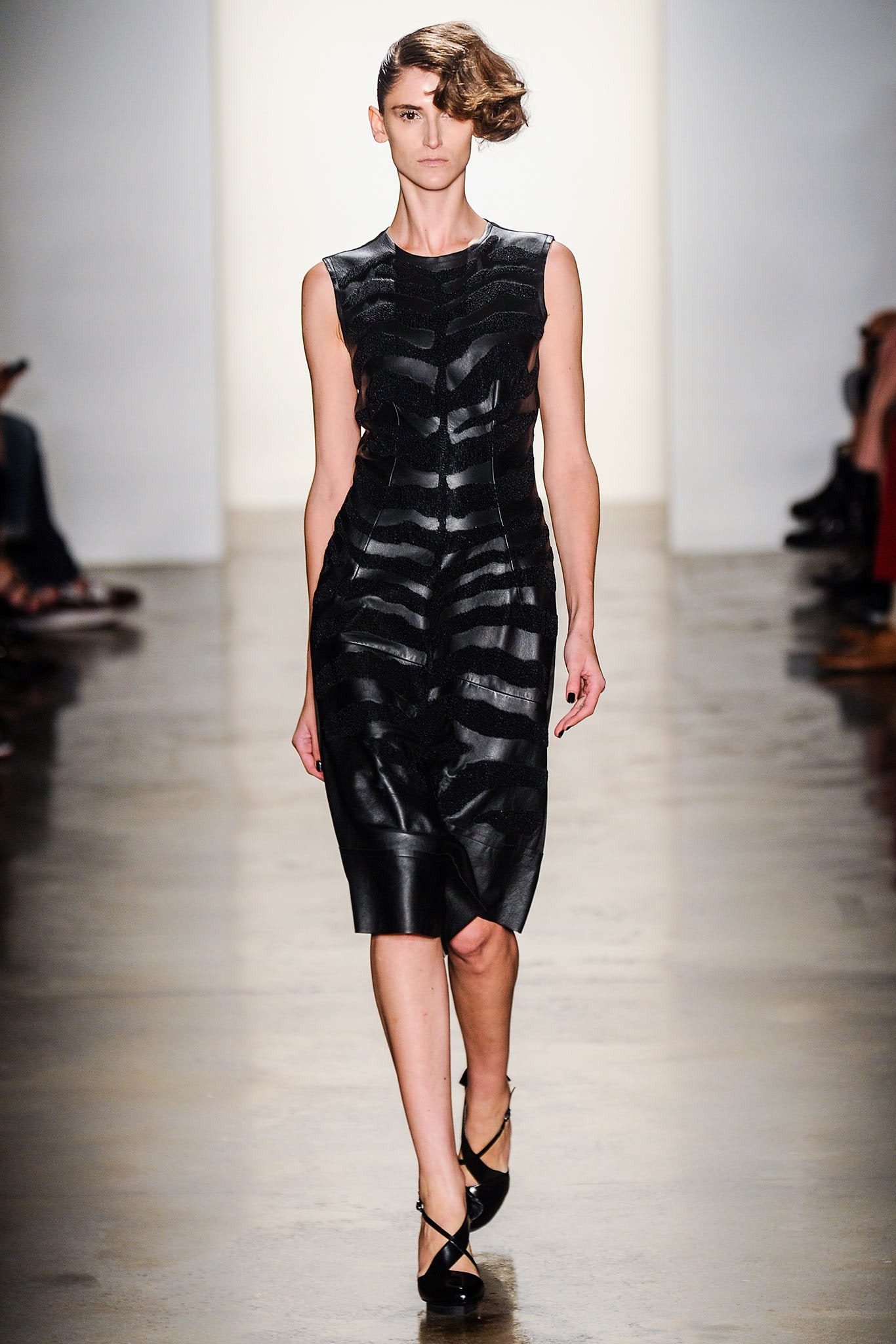 fitted black leather midi dress