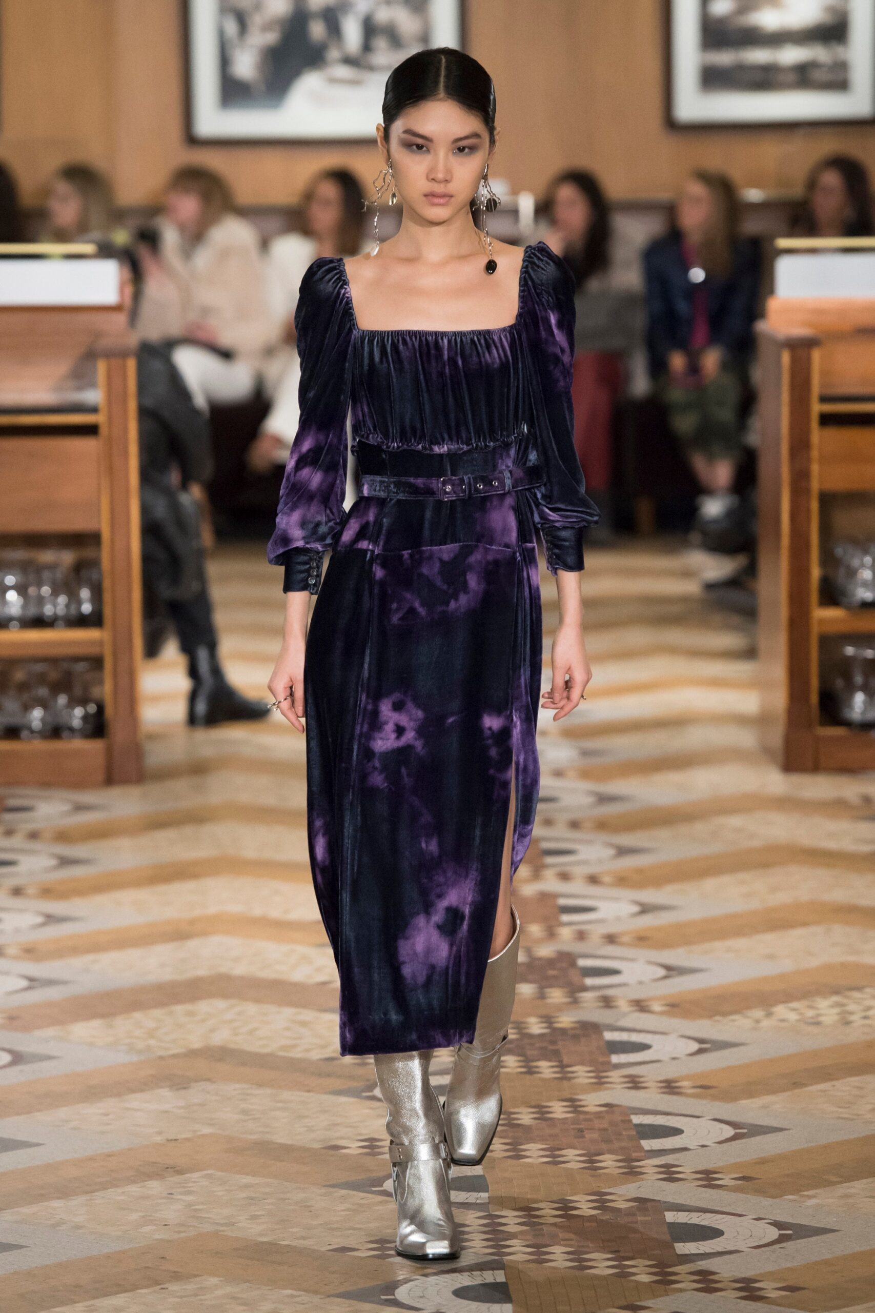 purple velvet long-sleeve off-shoulder fitted draped midi dress