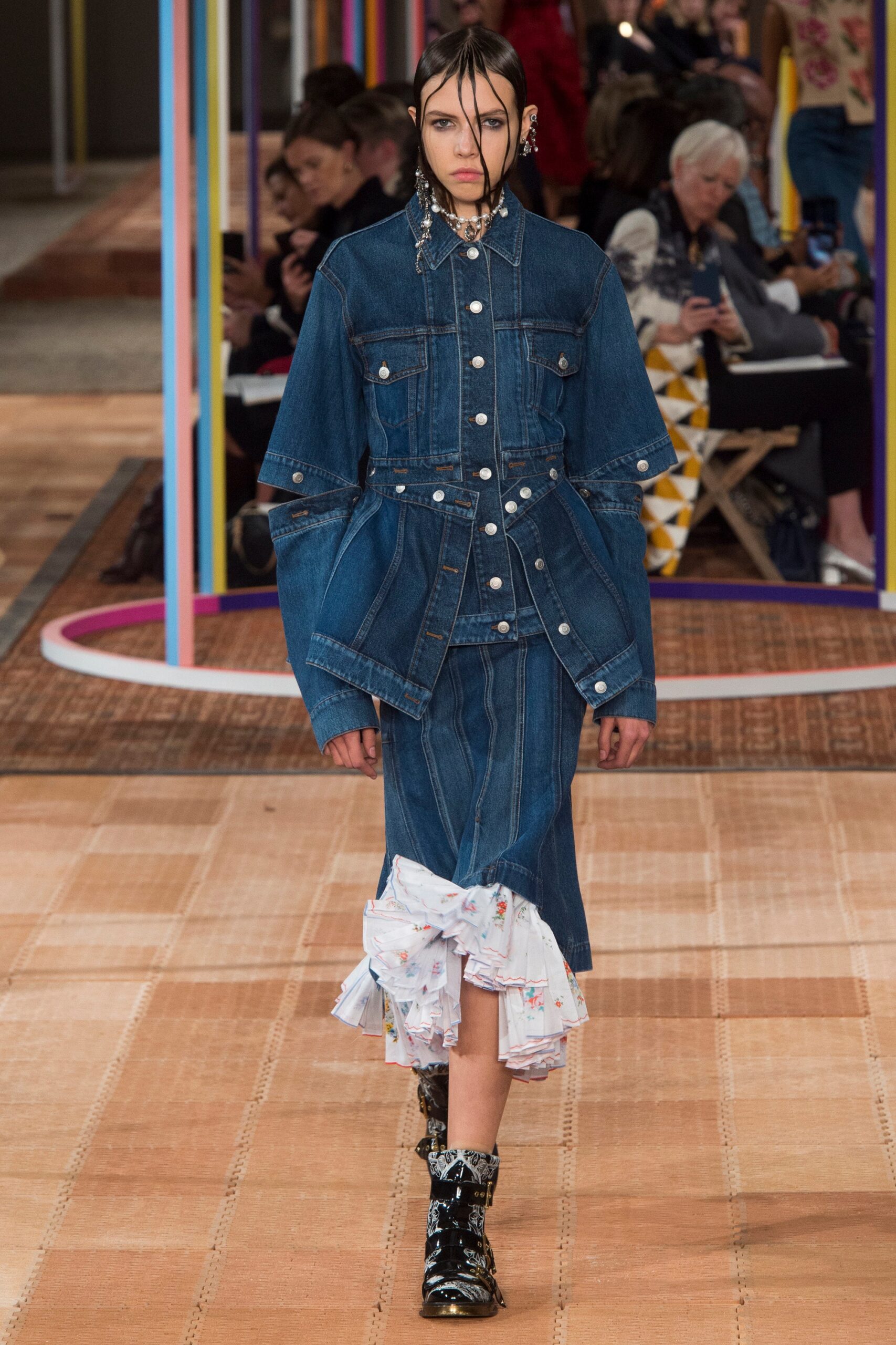 blue denim long-sleeve collared fitted buttoned layered dress