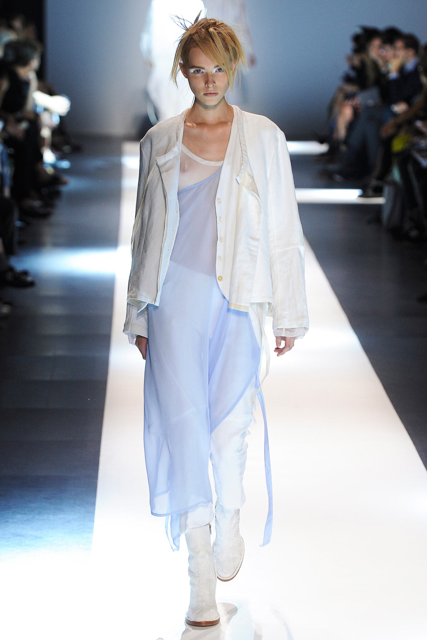 white jacket blue layered dress